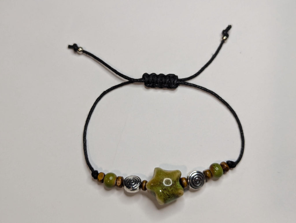 NoctemPottery Ceramic Star Spiral Beaded Bracelet 10in Black Cord