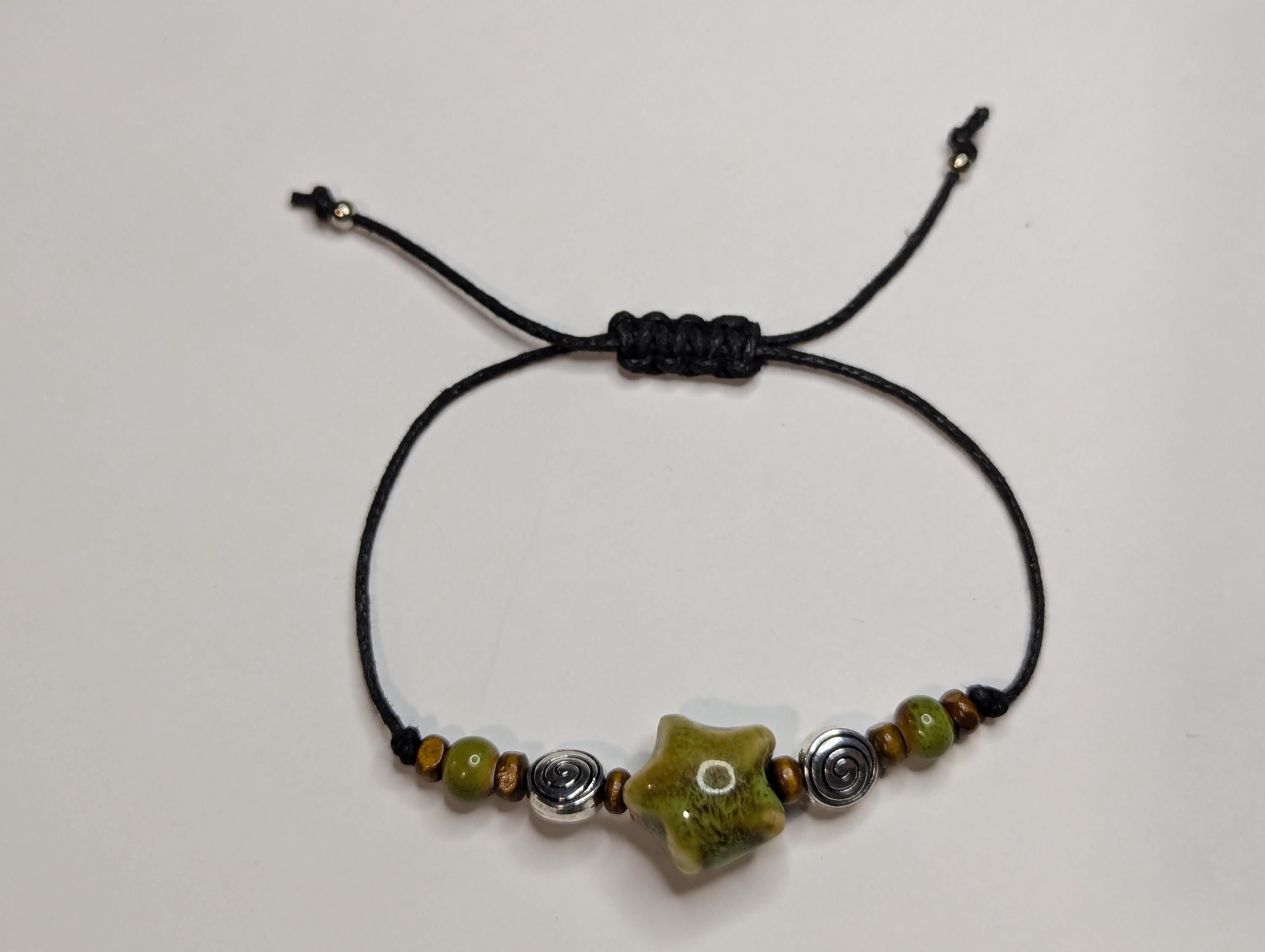 NoctemPottery Ceramic Star Spiral Beaded Bracelet 10in Black Cord