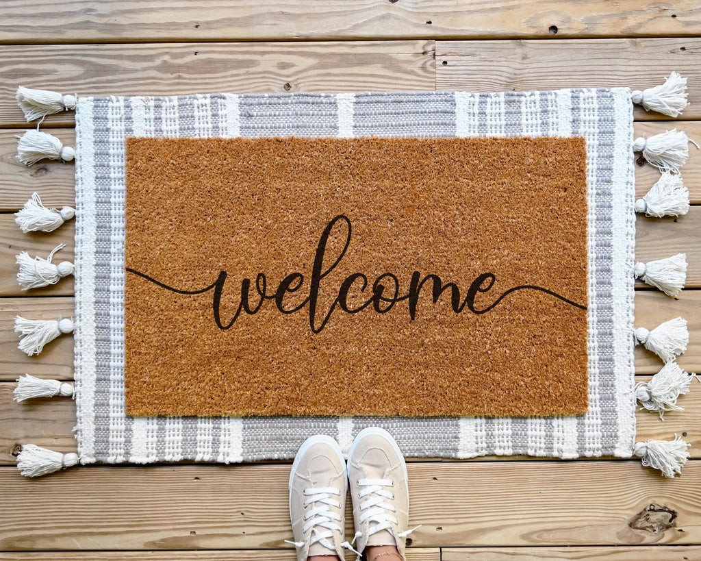 HamlinRowShop Welcome Cursive Script Coir Doormat