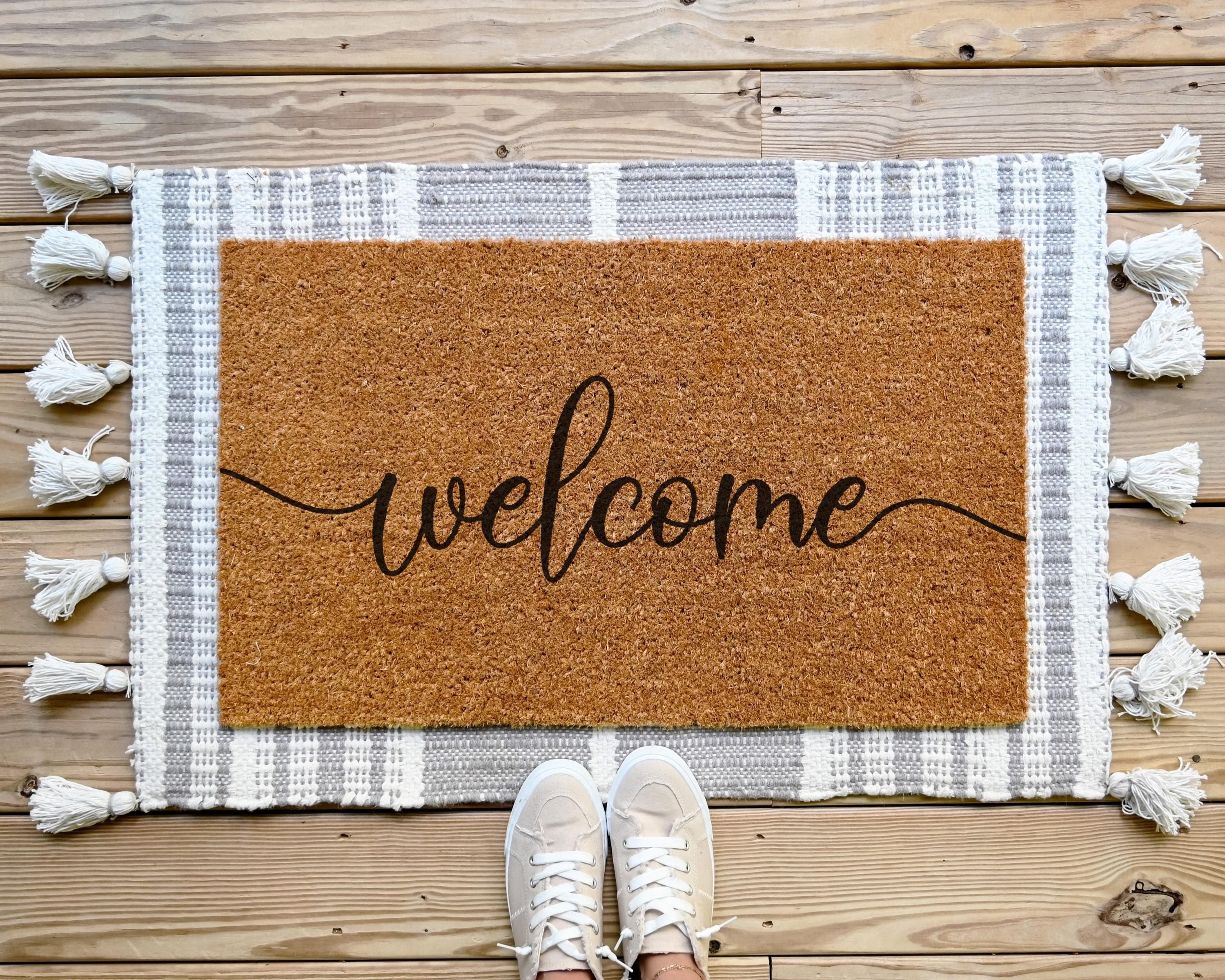 HamlinRowShop Welcome Cursive Script Coir Doormat