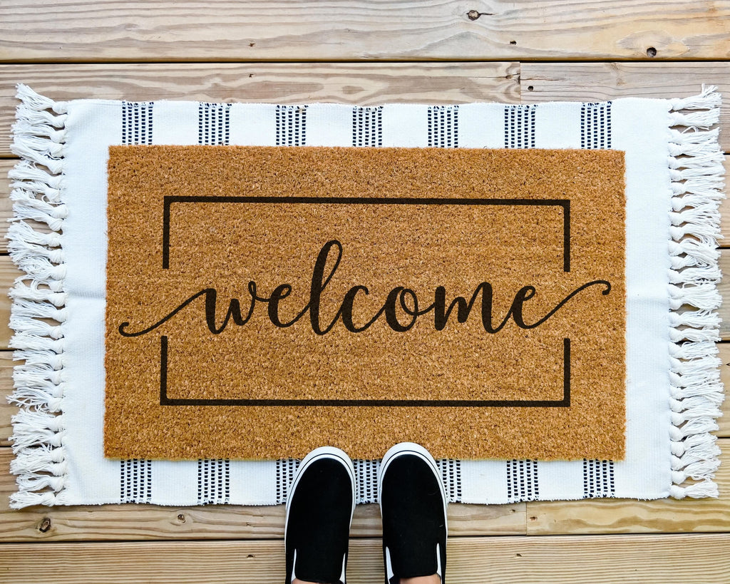 HamlinRowShop Welcome Cursive Script Coir Doormat Natural Fiber