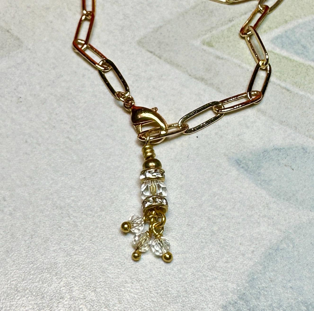 MossberryandStone Vertical CZ Gold Bar Pendant Necklace, Paperclip Chain, Lobster Clasp, 18in