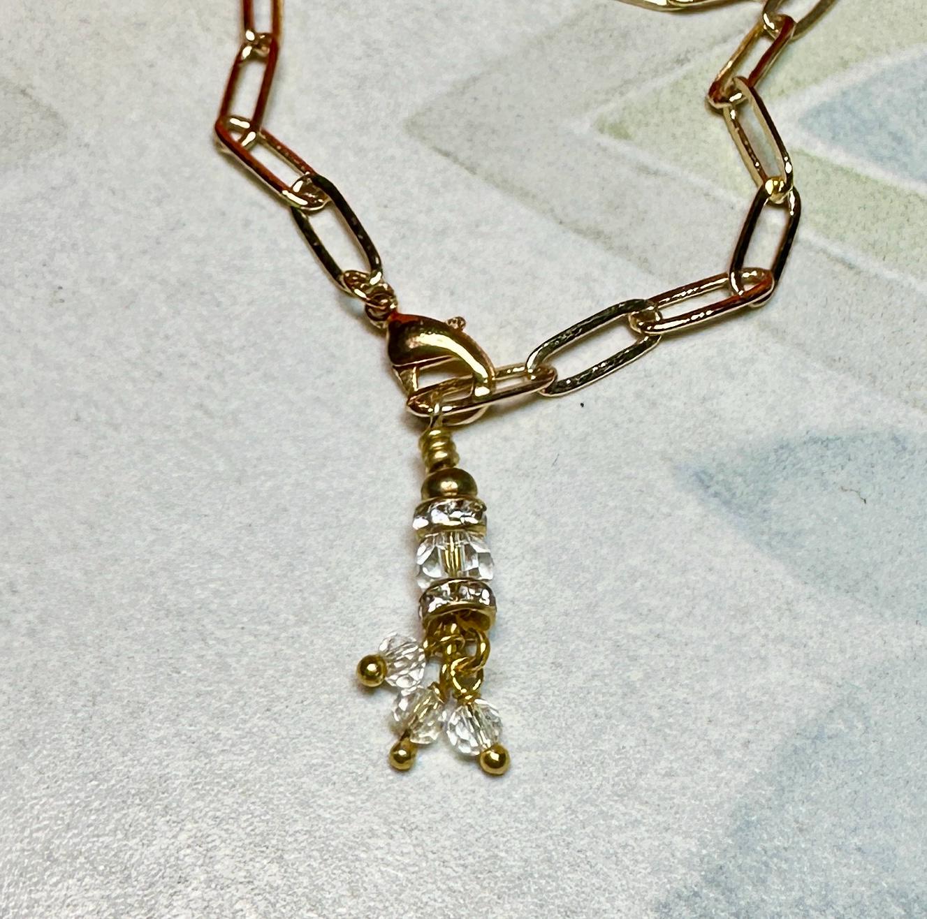 MossberryandStone Vertical CZ Gold Bar Pendant Necklace, Paperclip Chain, Lobster Clasp, 18in