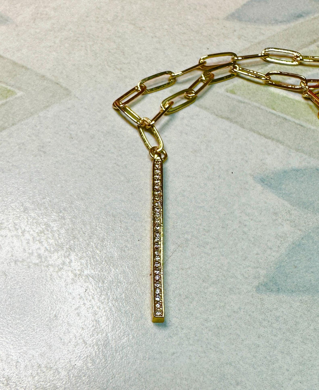 MossberryandStone Vertical CZ Gold Bar Pendant Necklace, Paperclip Chain, Lobster Clasp, 18in