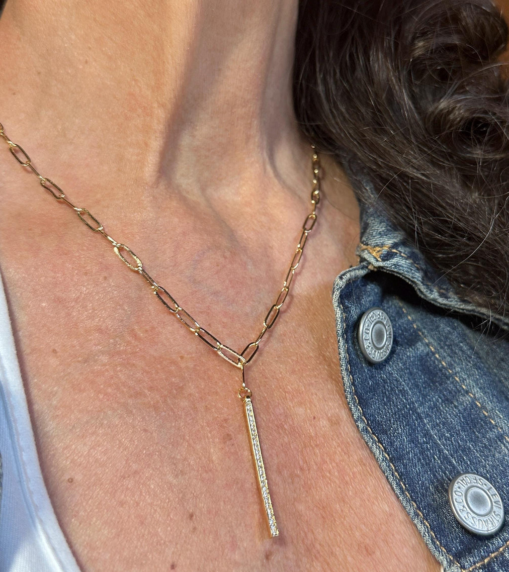 MossberryandStone Vertical CZ Gold Bar Pendant Necklace, Paperclip Chain, Lobster Clasp, 18in