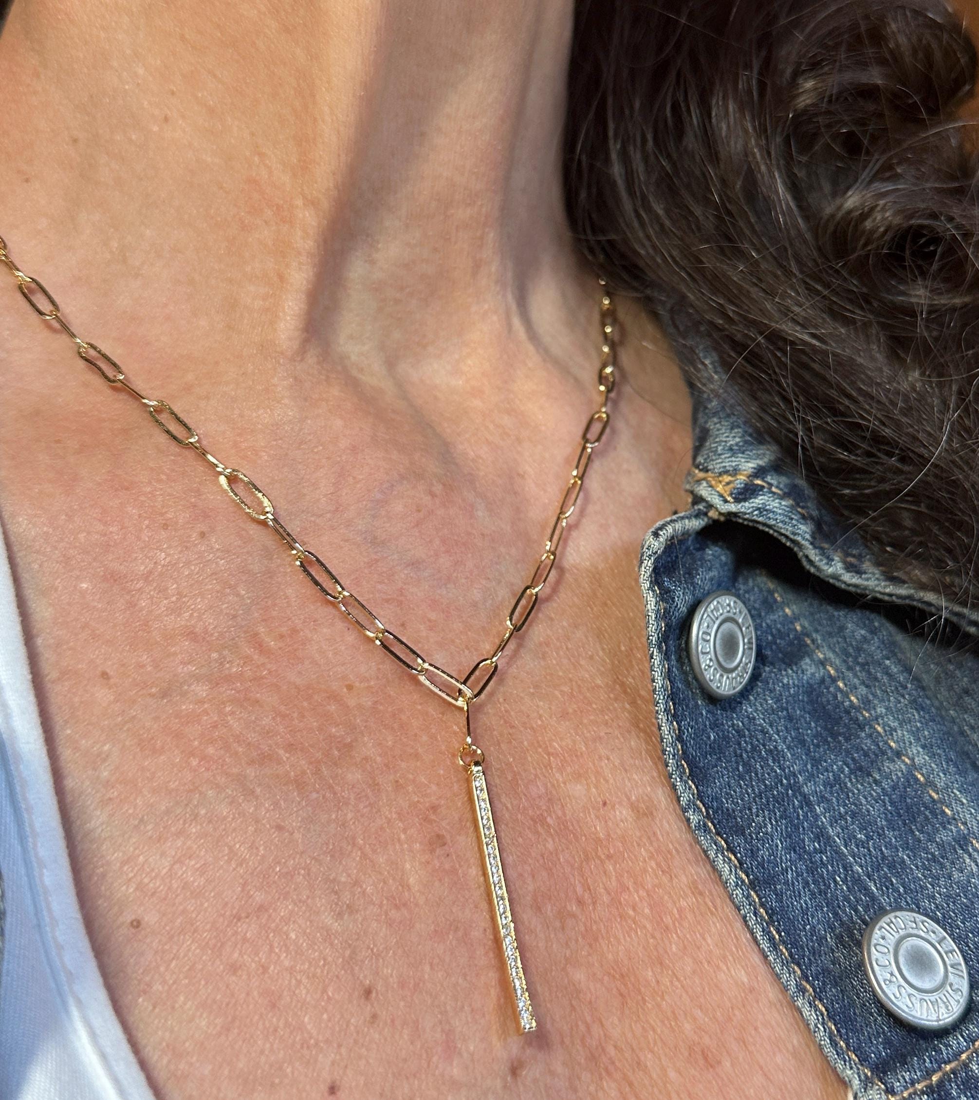 MossberryandStone Vertical CZ Gold Bar Pendant Necklace, Paperclip Chain, Lobster Clasp, 18in