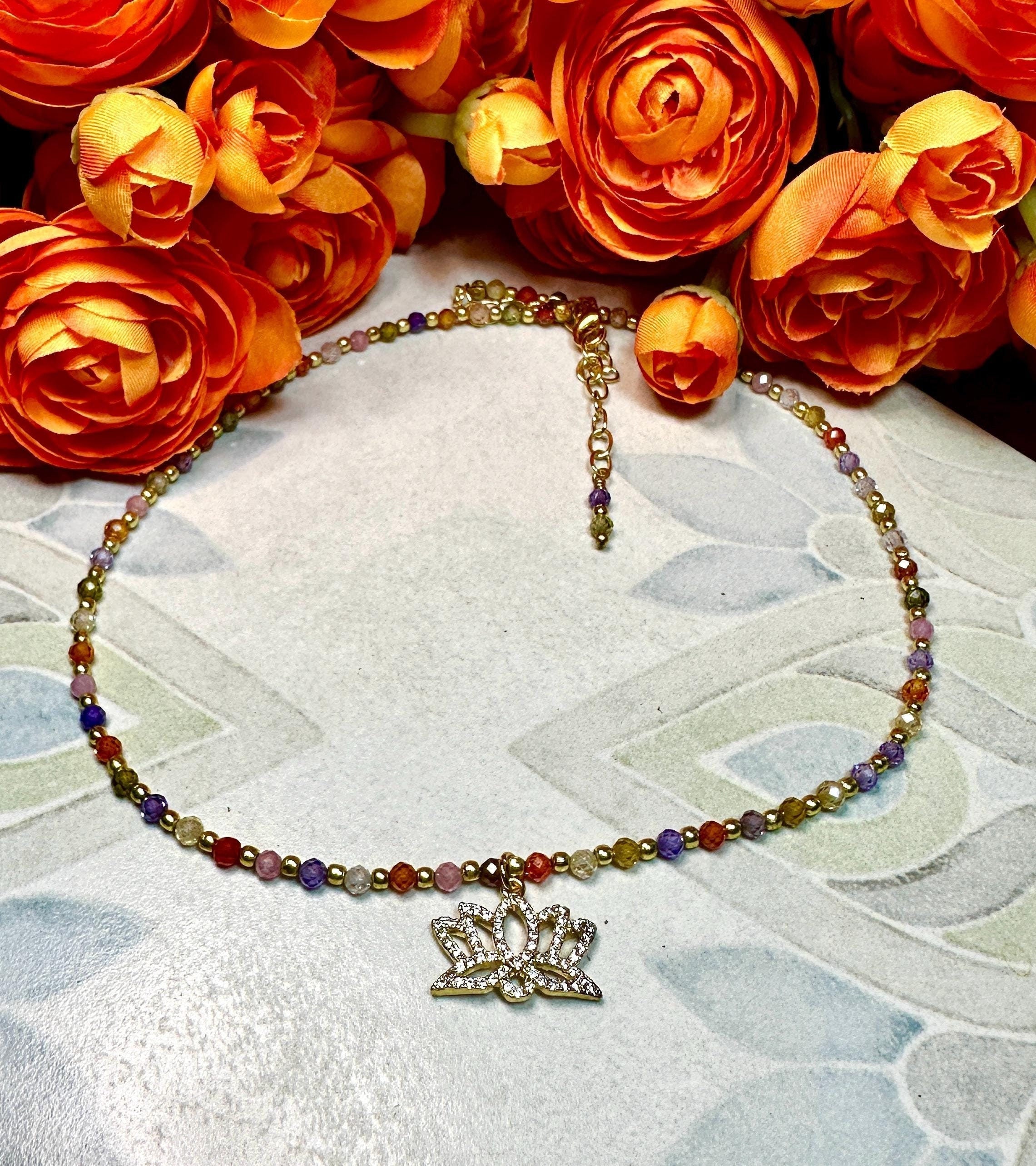 MossberryandStone Beaded Multi-Color Pendant Necklace Gold with Charm Choice