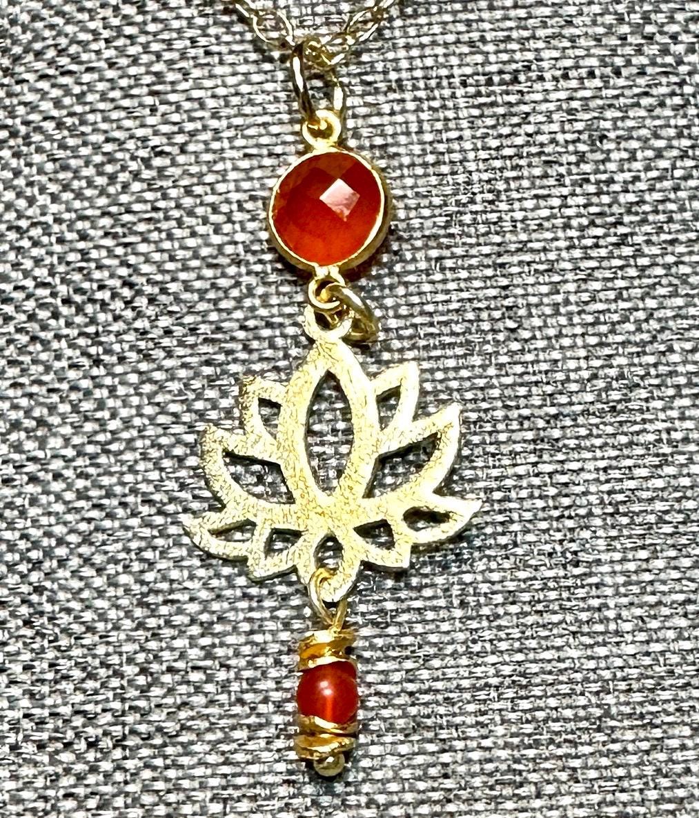 MossberryandStone Red Onyx Gold Tone Lotus Flower Pendant Necklace