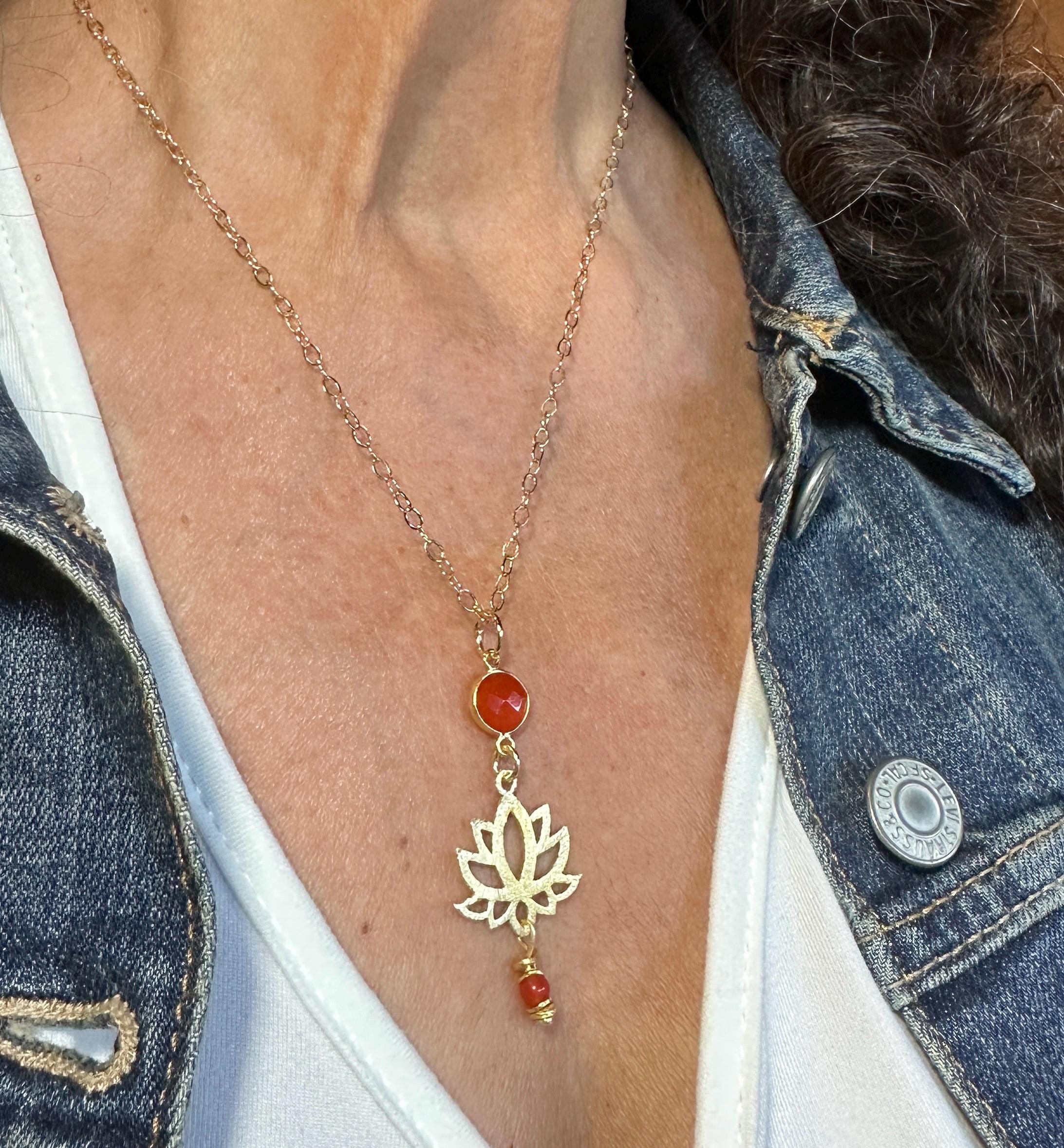 MossberryandStone Red Onyx Gold Tone Lotus Flower Pendant Necklace