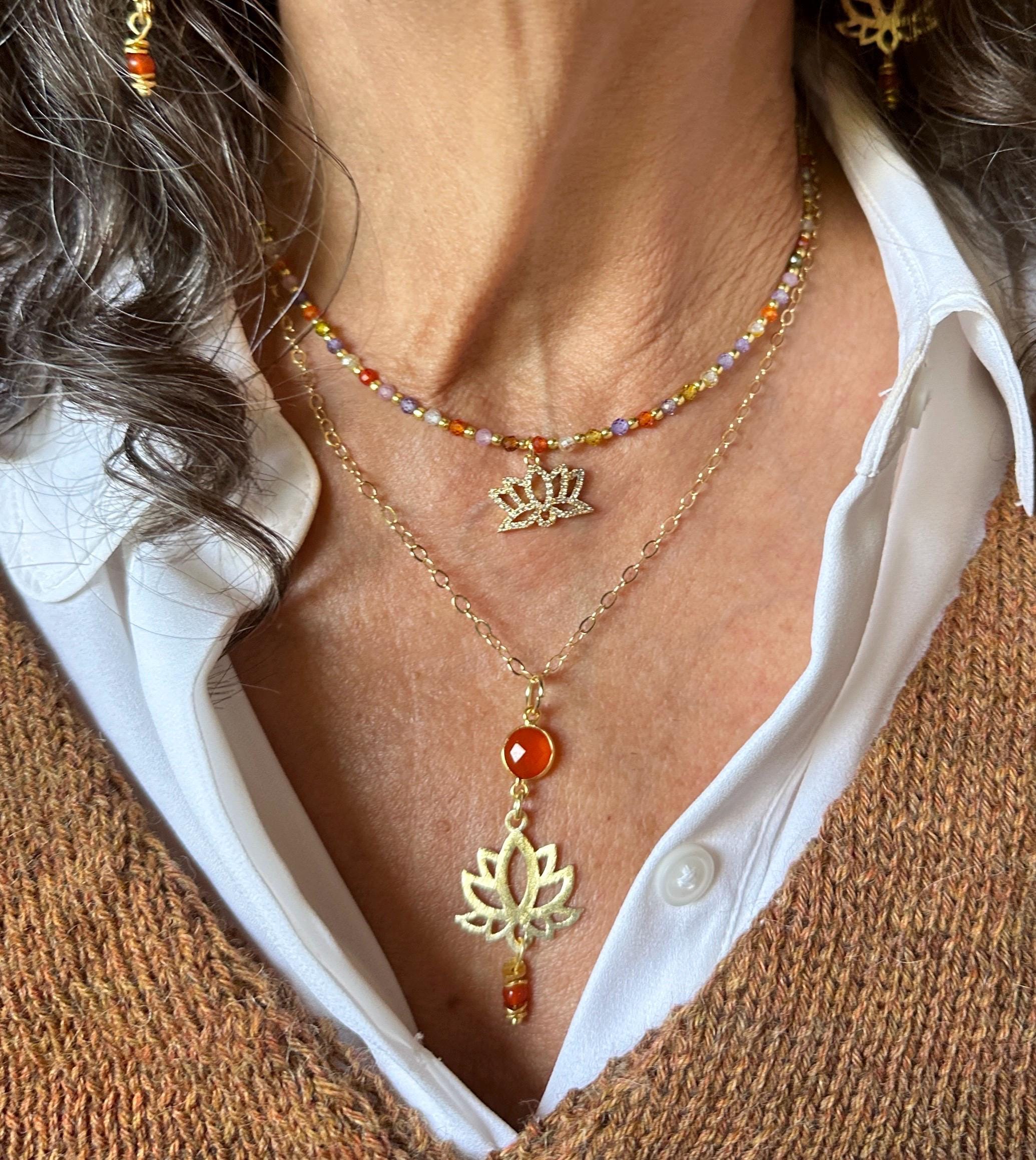 MossberryandStone Red Onyx Gold Tone Lotus Flower Pendant Necklace