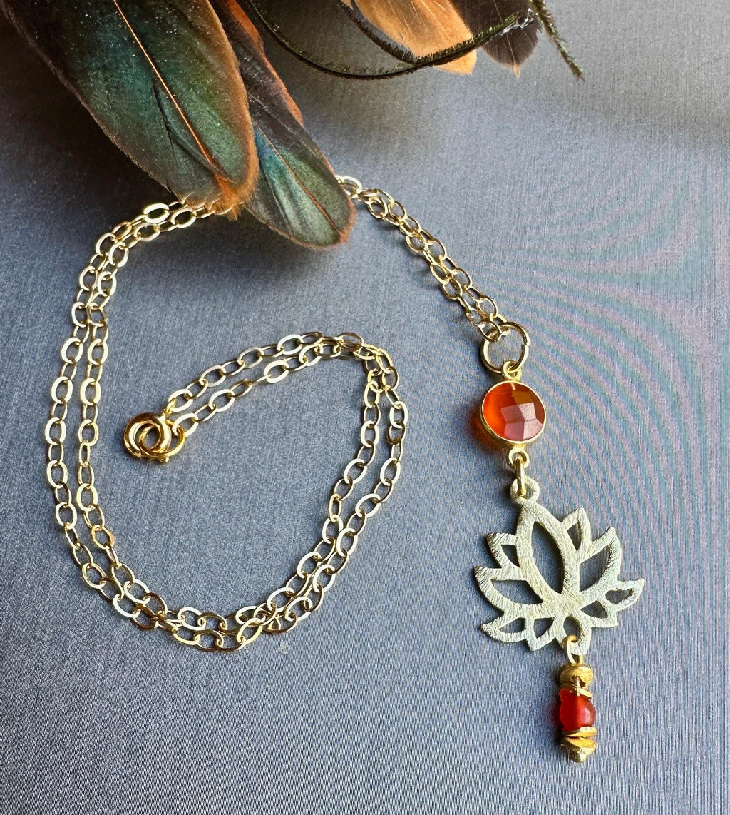MossberryandStone Red Onyx Gold Tone Lotus Flower Pendant Necklace