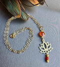 MossberryandStone Red Onyx Gold Tone Lotus Flower Pendant Necklace