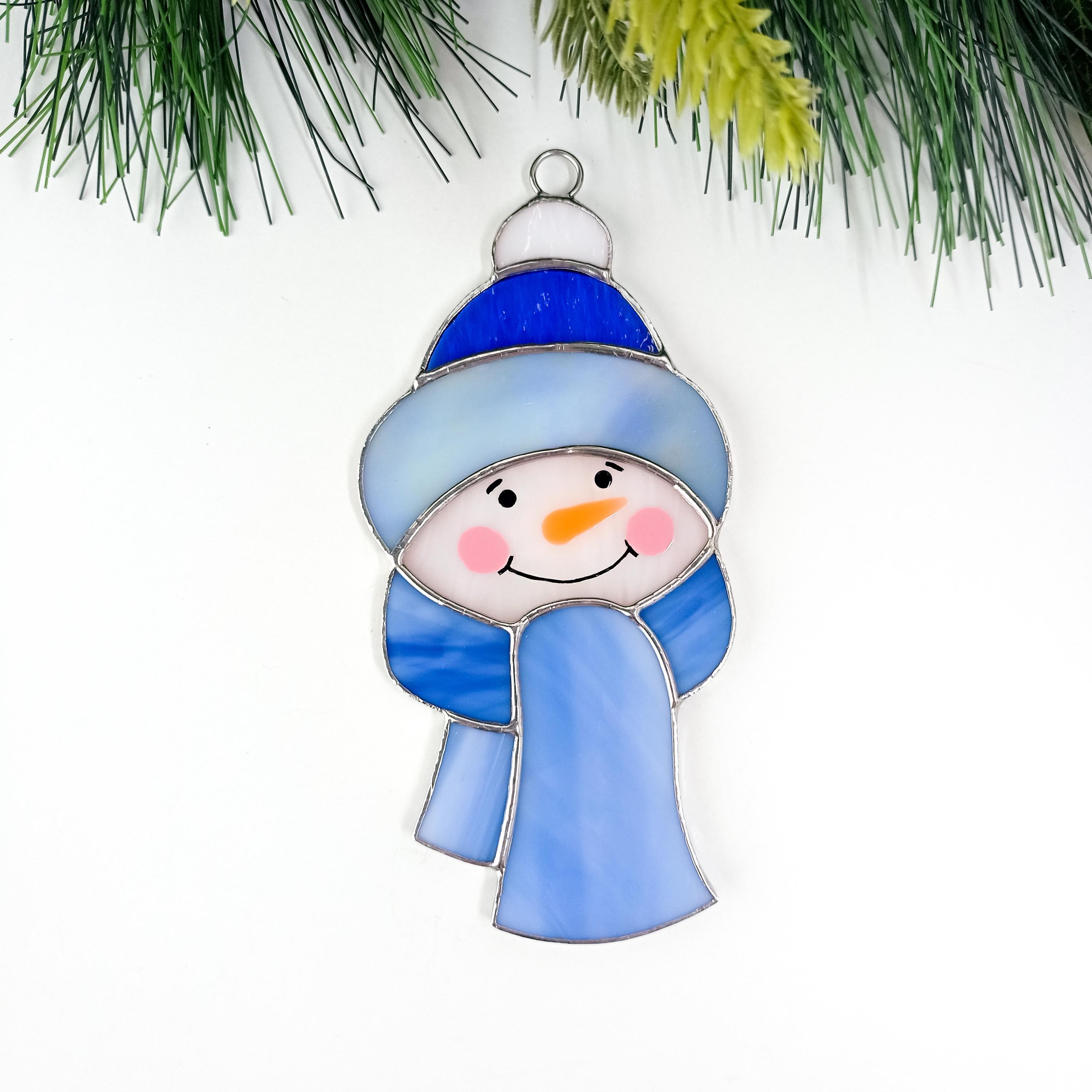 SunStainedGlassUA Snowman Stained Glass Suncatcher Christmas Ornament Handmade