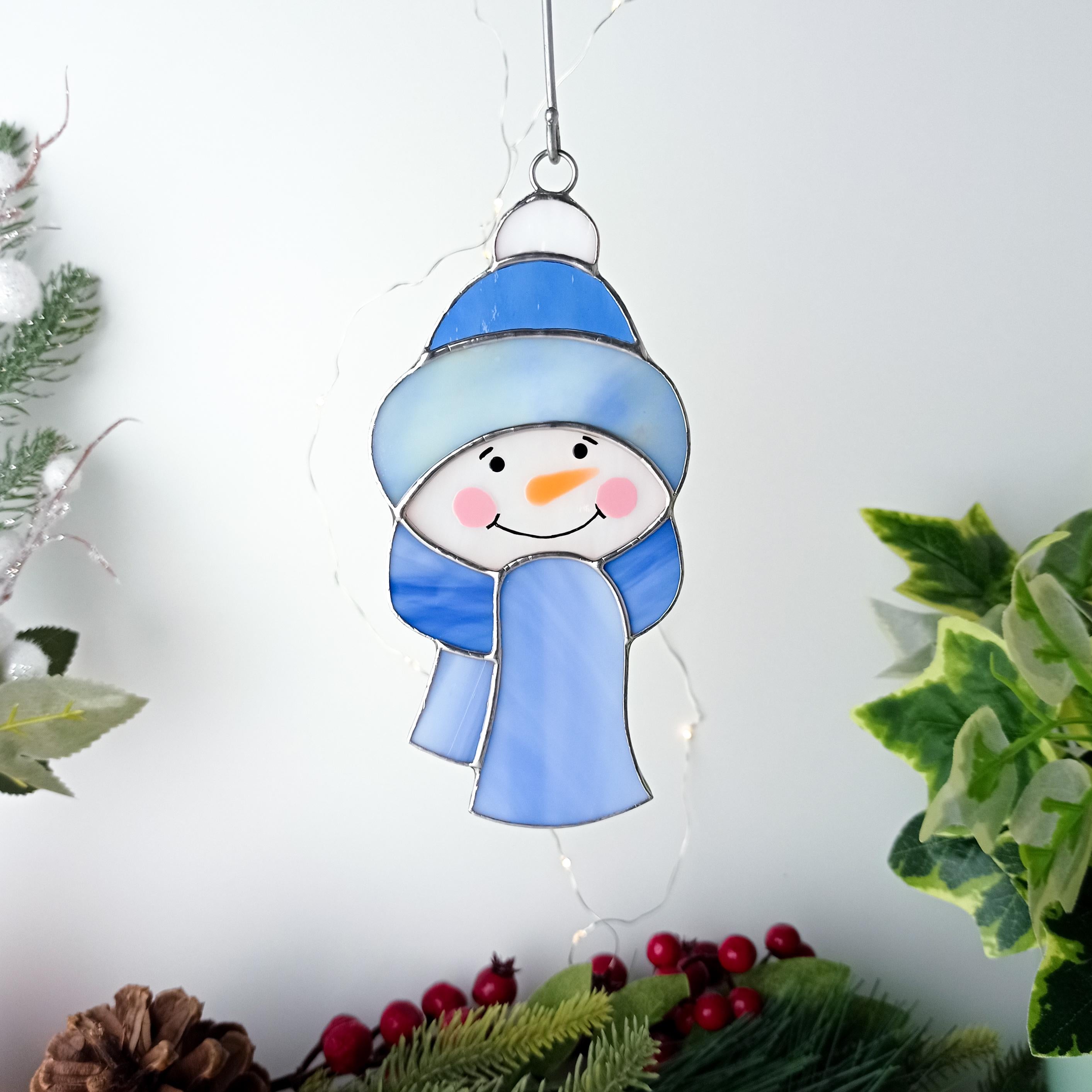 SunStainedGlassUA Snowman Stained Glass Suncatcher Christmas Ornament Handmade