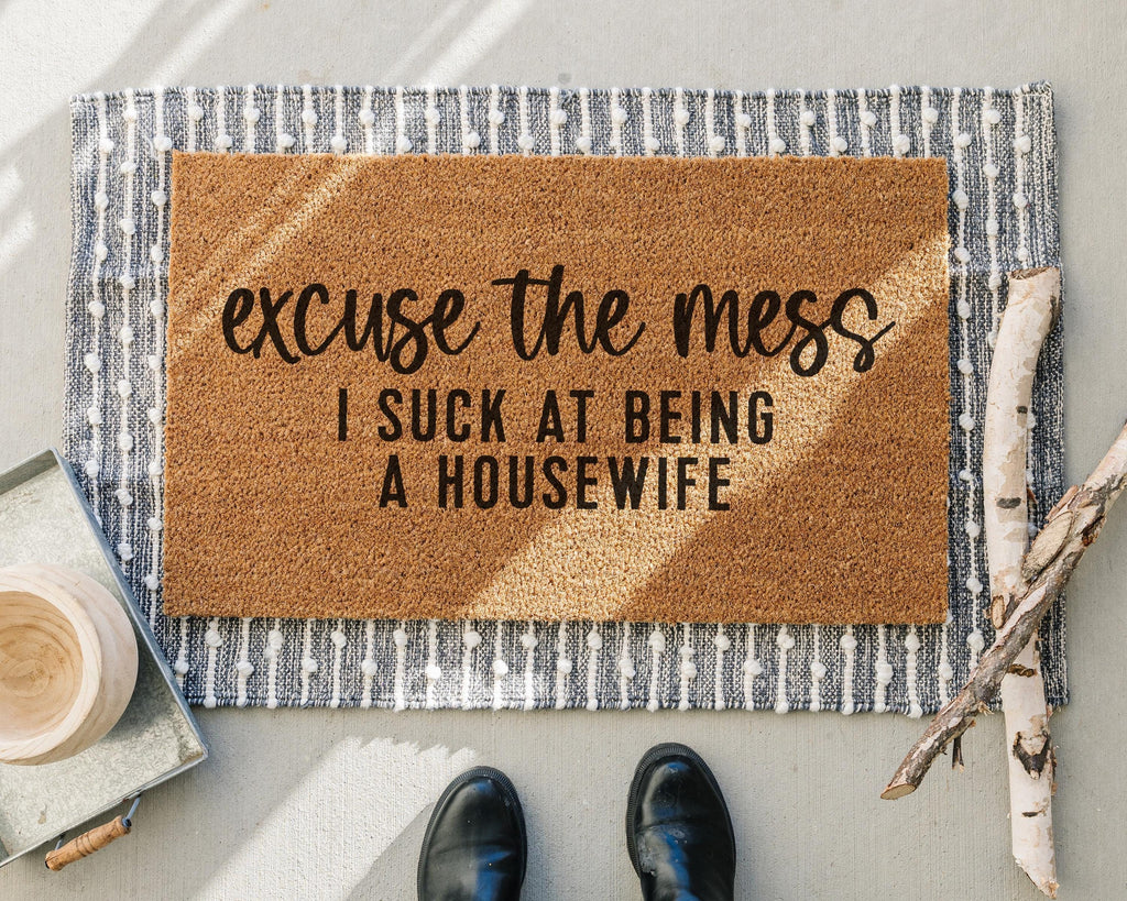 HamlinRowShop Excuse the Mess Funny Coir Doormat Natural Fiber