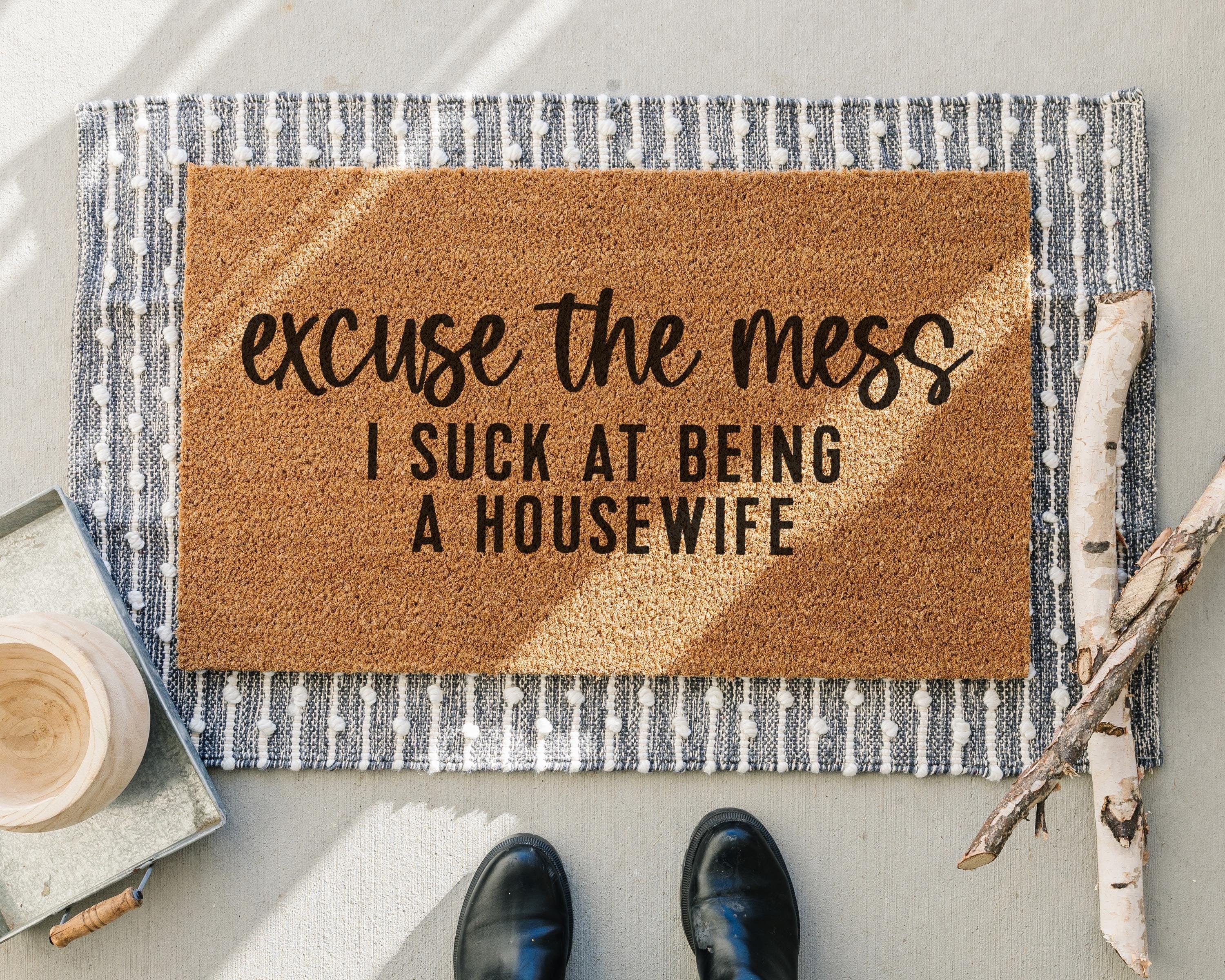 HamlinRowShop Excuse the Mess Funny Coir Doormat Natural Fiber