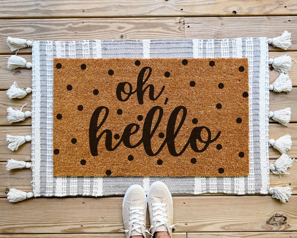 HamlinRowShop Oh Hello Coir Doormat Scrolling Cursive Design