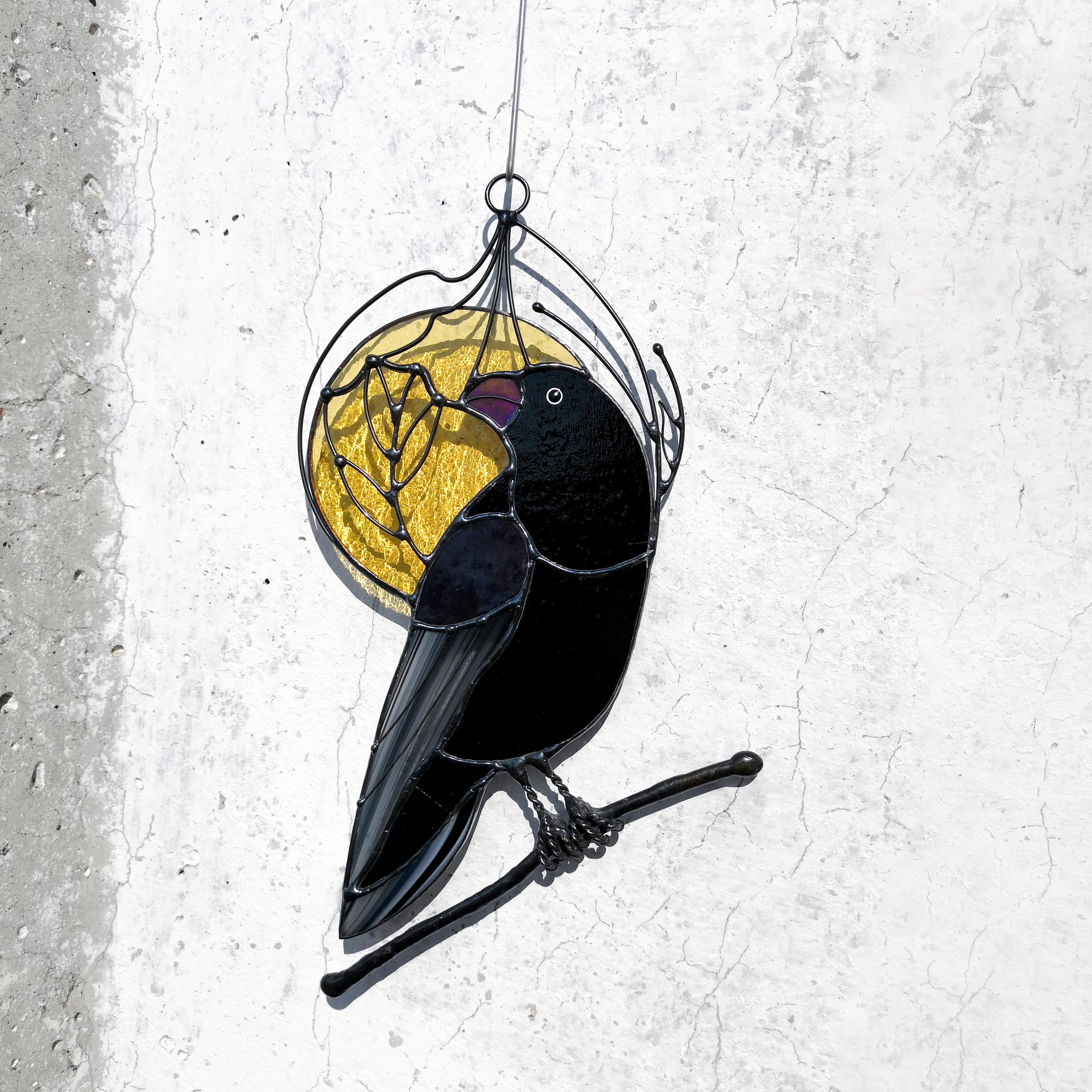 SunStainedGlassUA Stained Glass Raven Suncatcher Window Hanging 9.2in
