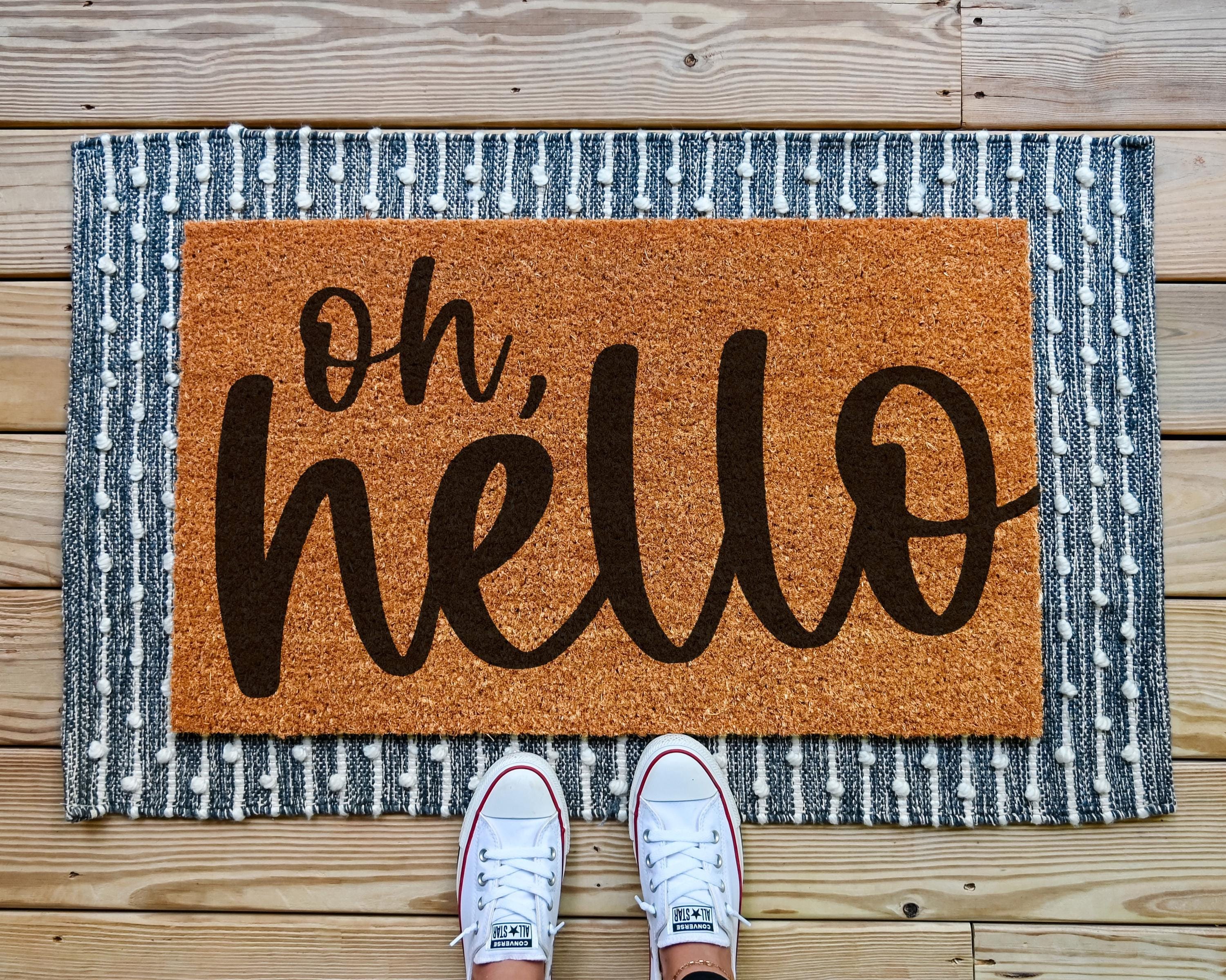 HamlinRowShop Oh Hello Coir Doormat Natural Cursive Script