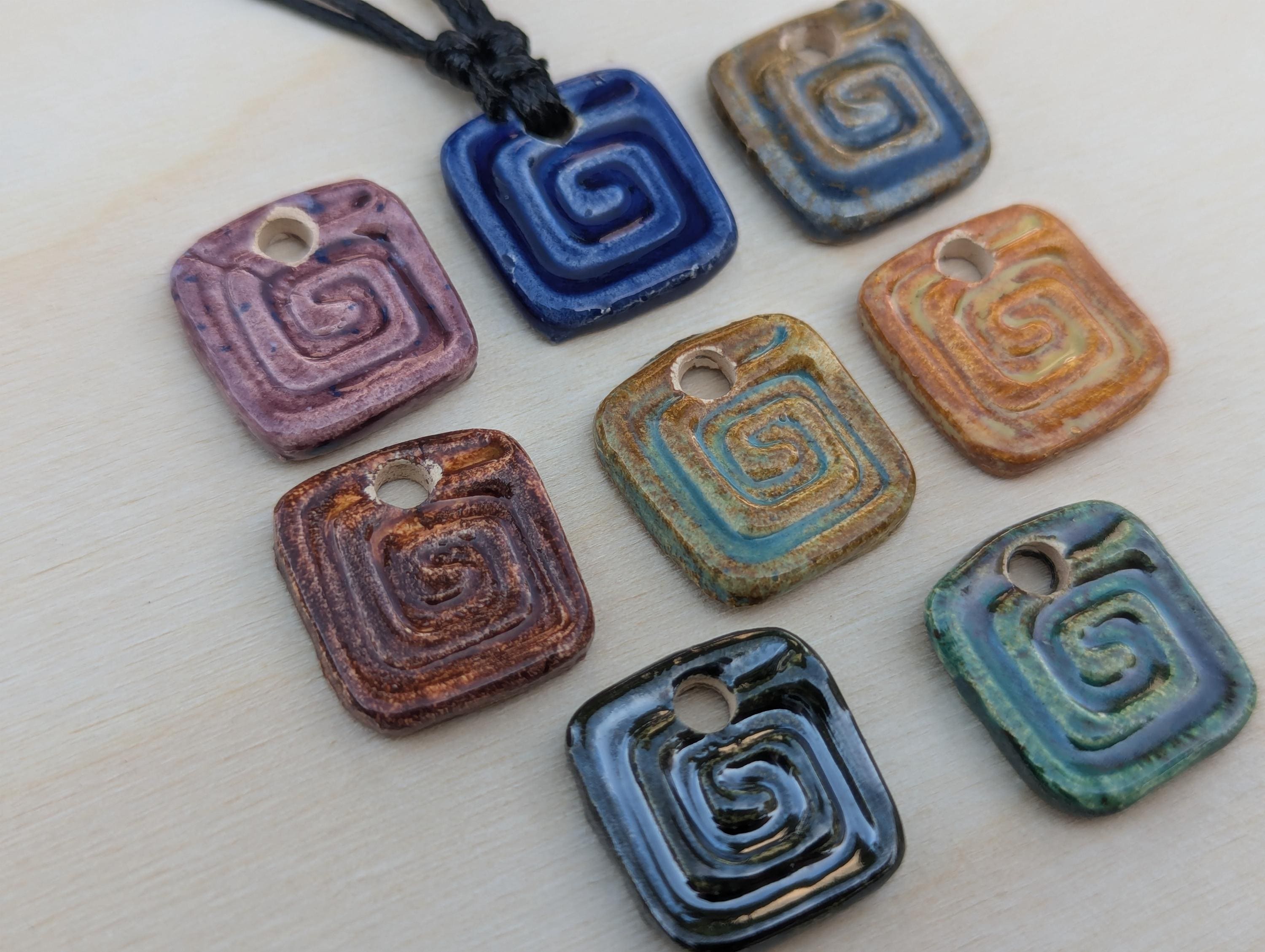 NoctemPottery Handmade Ceramic Square Spiral Pendant Choker Black Cord