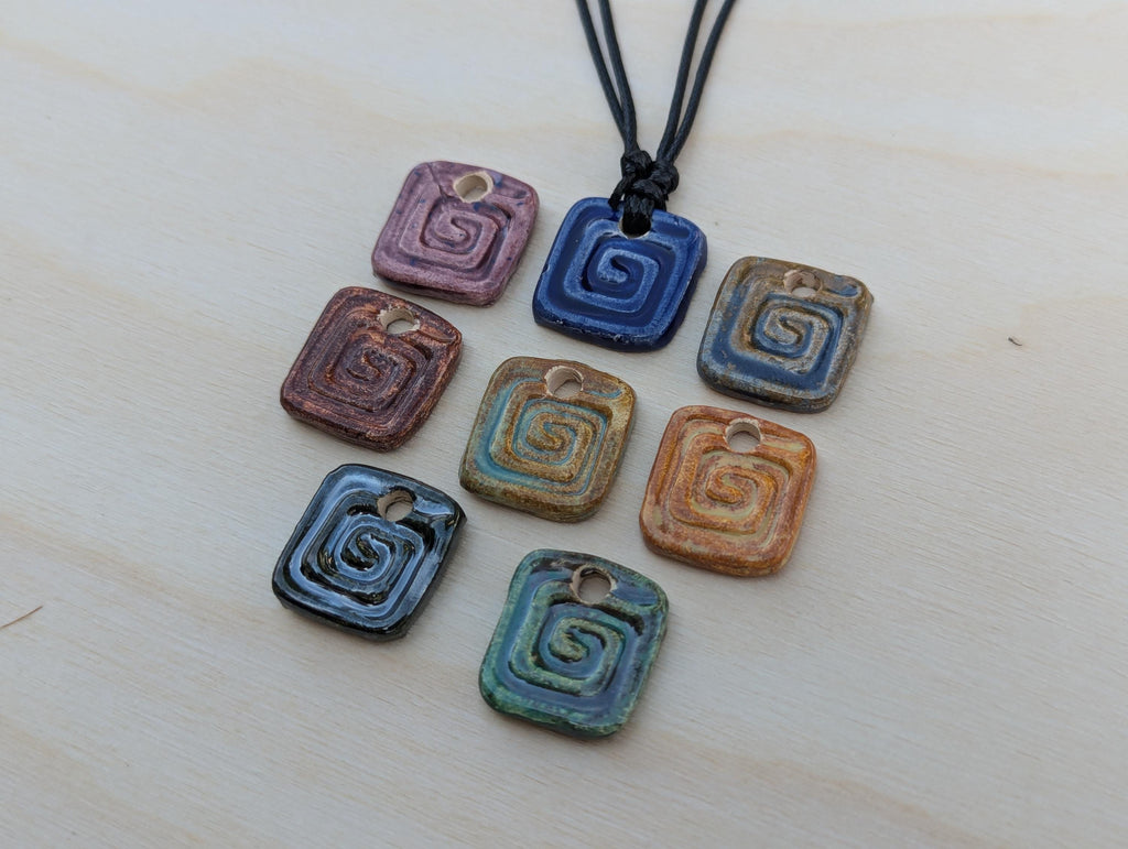 NoctemPottery Handmade Ceramic Square Spiral Pendant Choker Black Cord