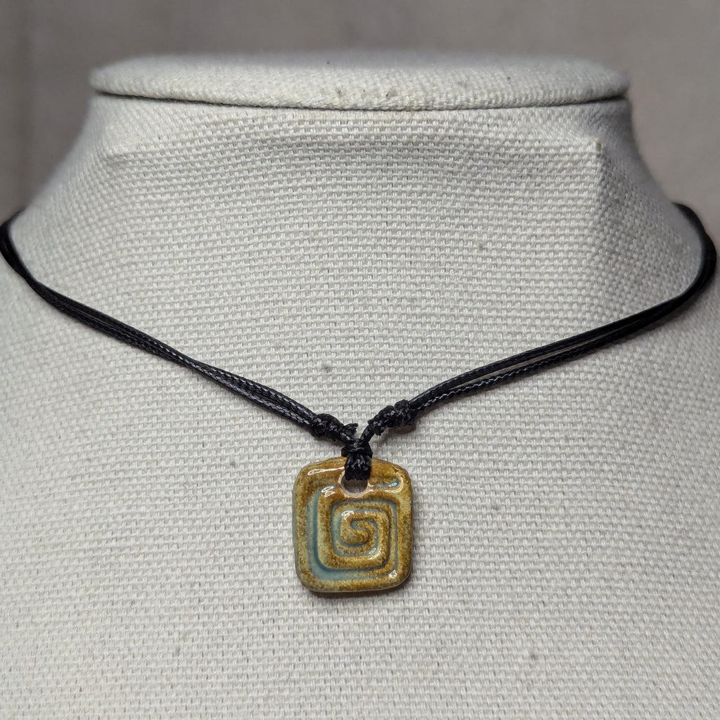 NoctemPottery Handmade Ceramic Square Spiral Pendant Choker Black Cord