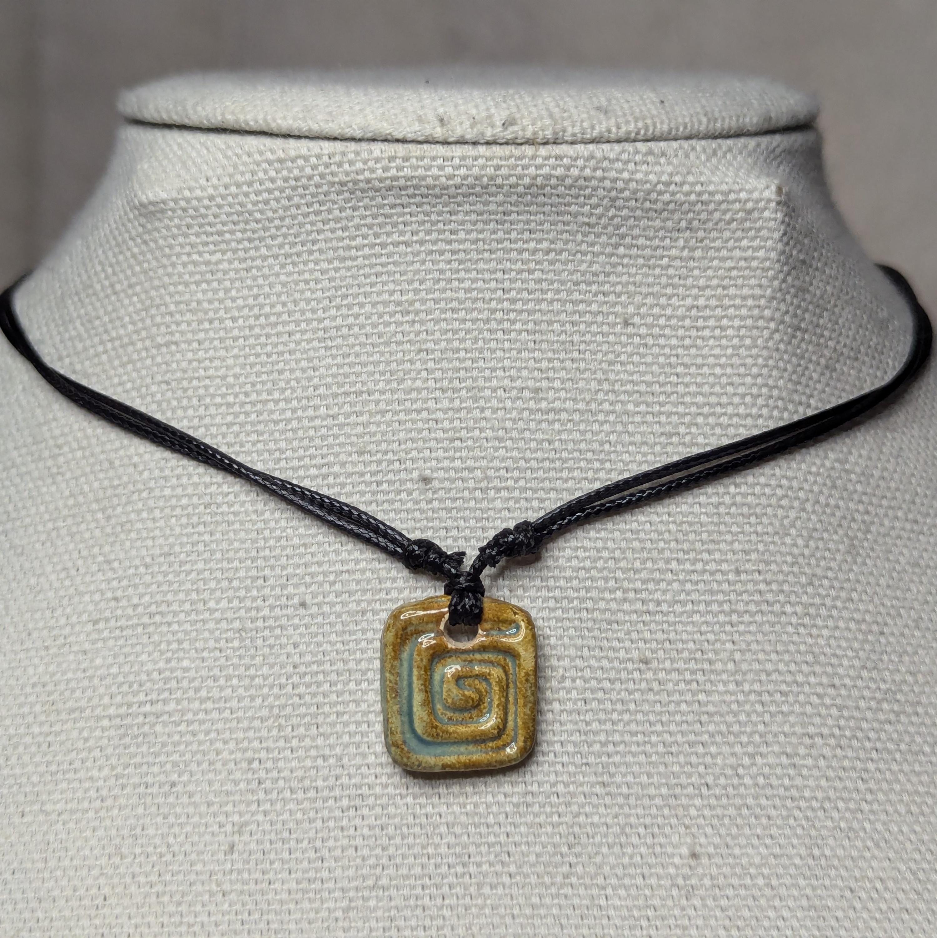 NoctemPottery Handmade Ceramic Square Spiral Pendant Choker Black Cord
