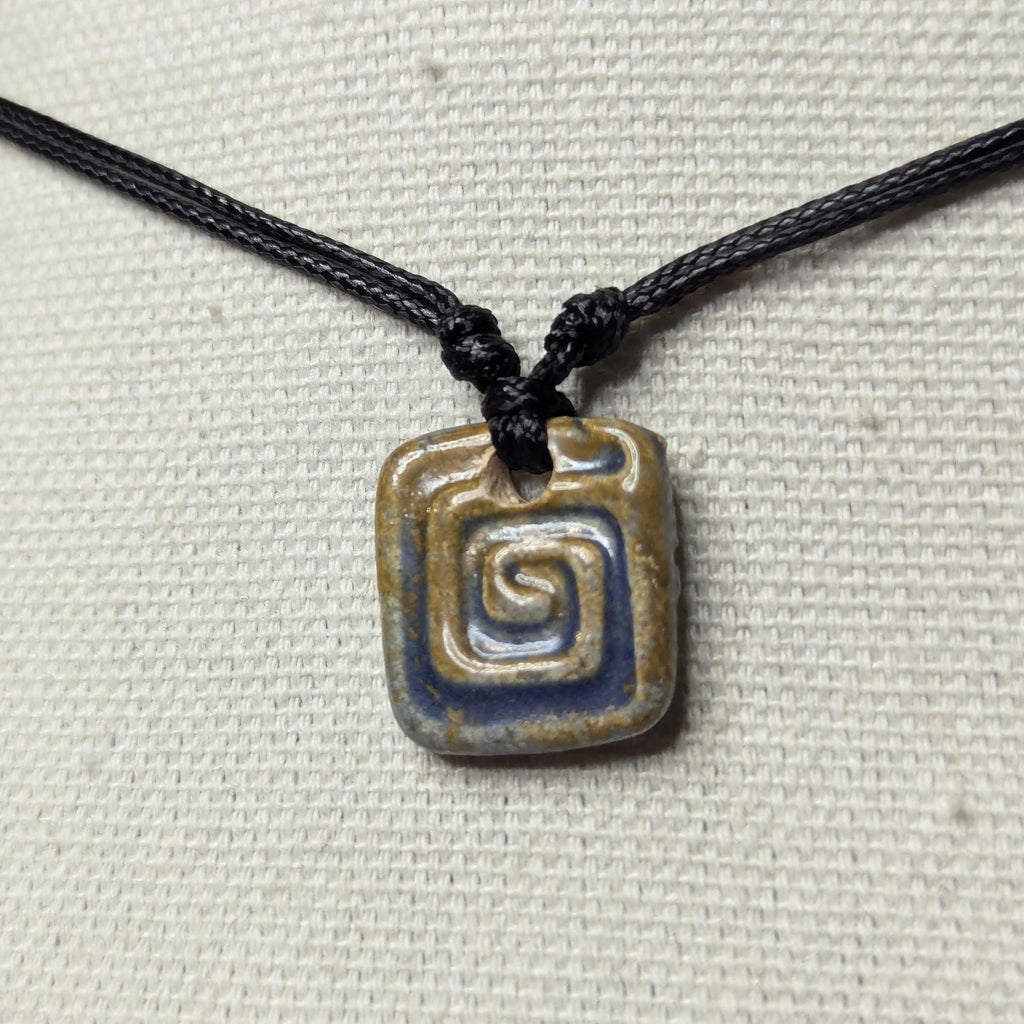 NoctemPottery Handmade Ceramic Square Spiral Pendant Choker Black Cord