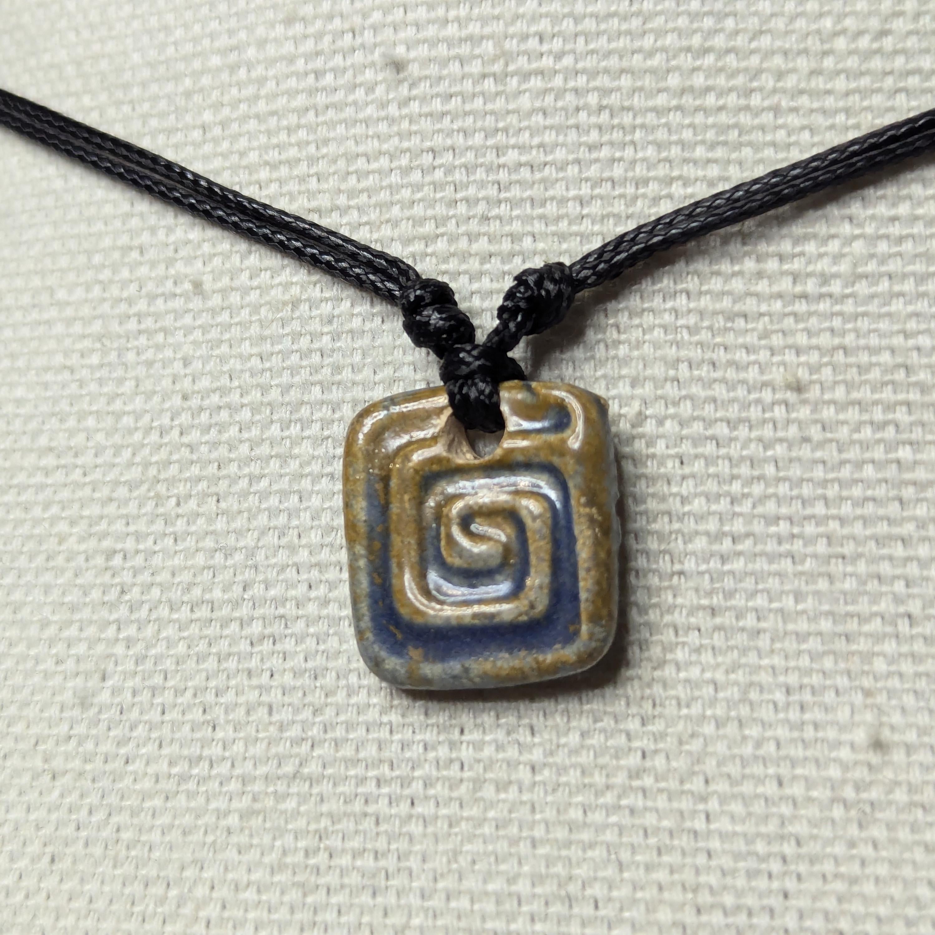 NoctemPottery Handmade Ceramic Square Spiral Pendant Choker Black Cord