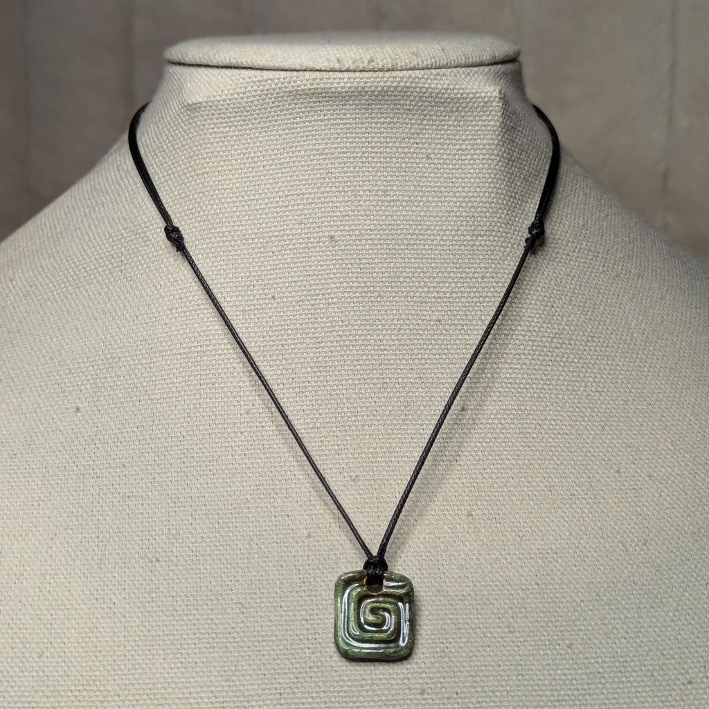 NoctemPottery Handmade Ceramic Square Spiral Pendant Choker Black Cord