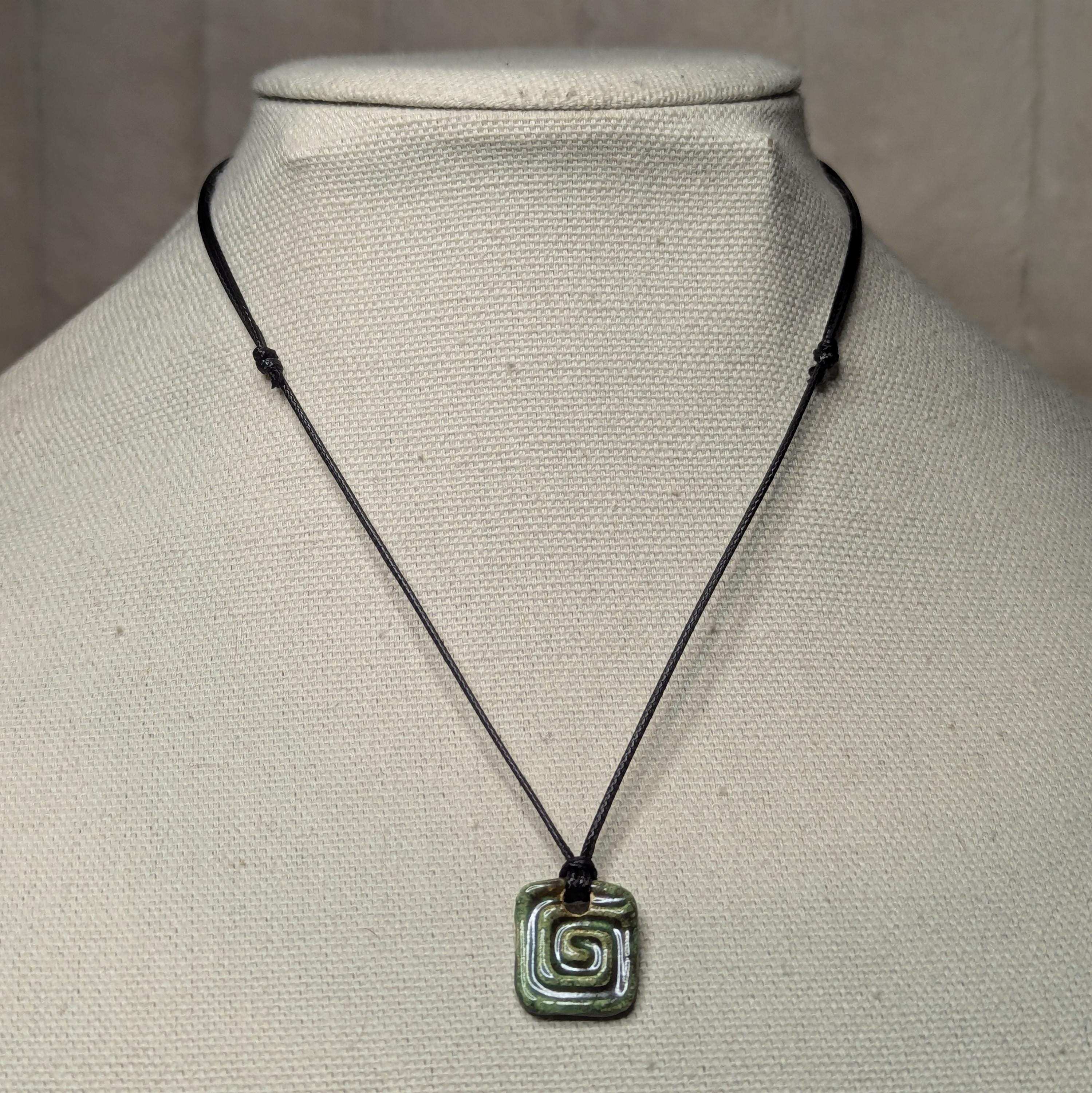 NoctemPottery Handmade Ceramic Square Spiral Pendant Choker Black Cord