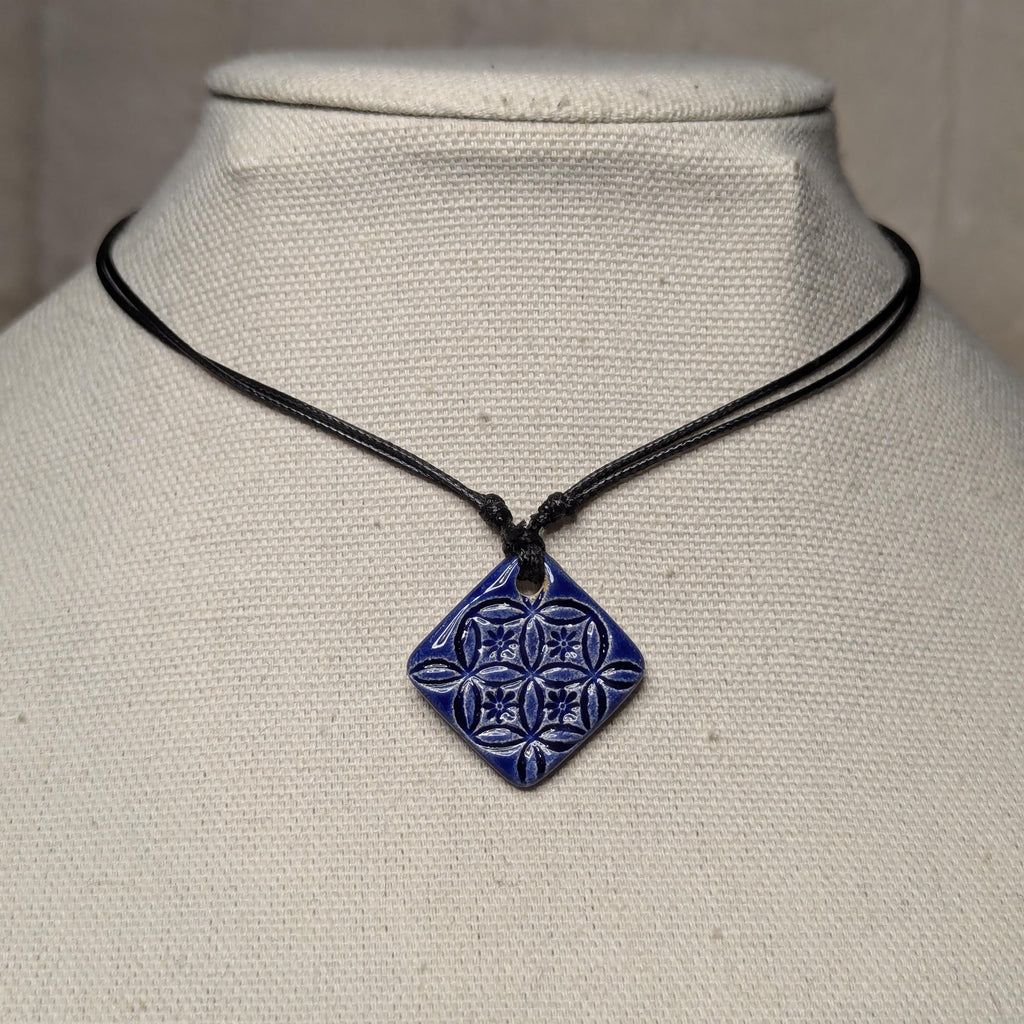 NoctemPottery Handmade Ceramic Flower of Life Square Pendant Necklace Adjustable
