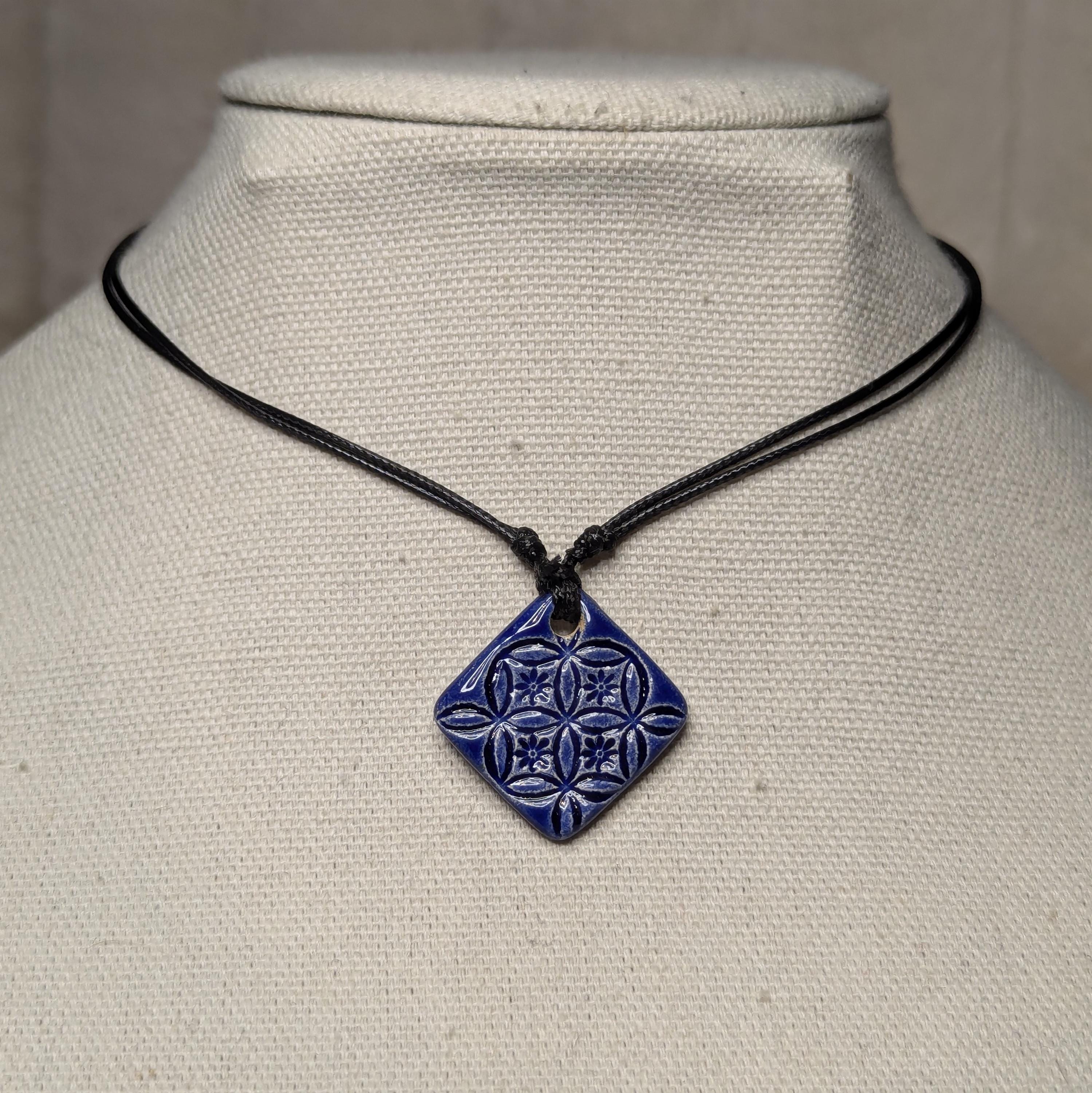 NoctemPottery Handmade Ceramic Flower of Life Square Pendant Necklace Adjustable