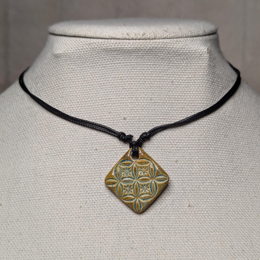 NoctemPottery Handmade Ceramic Flower of Life Square Pendant Necklace Adjustable