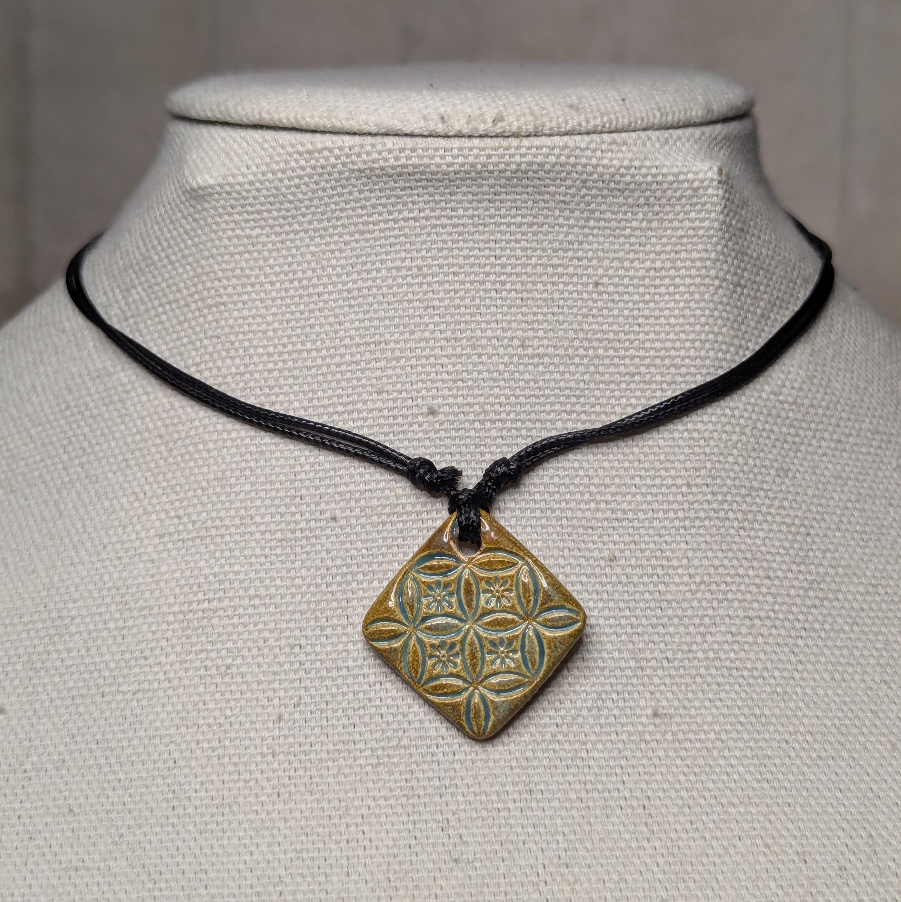 NoctemPottery Handmade Ceramic Flower of Life Square Pendant Necklace Adjustable