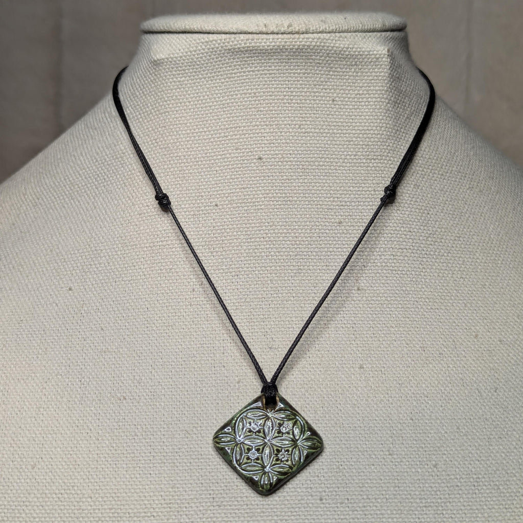 NoctemPottery Handmade Ceramic Flower of Life Square Pendant Necklace Adjustable