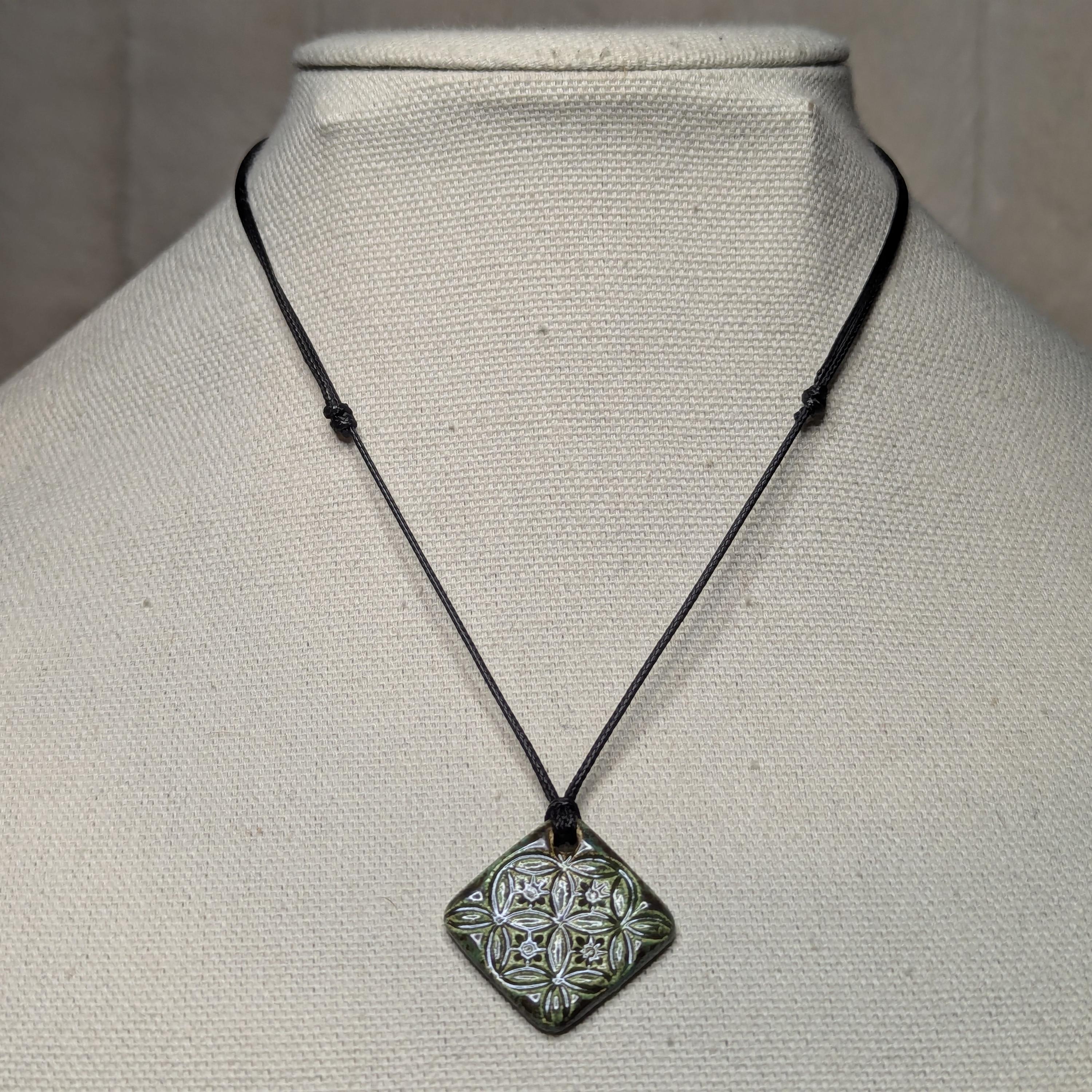 NoctemPottery Handmade Ceramic Flower of Life Square Pendant Necklace Adjustable