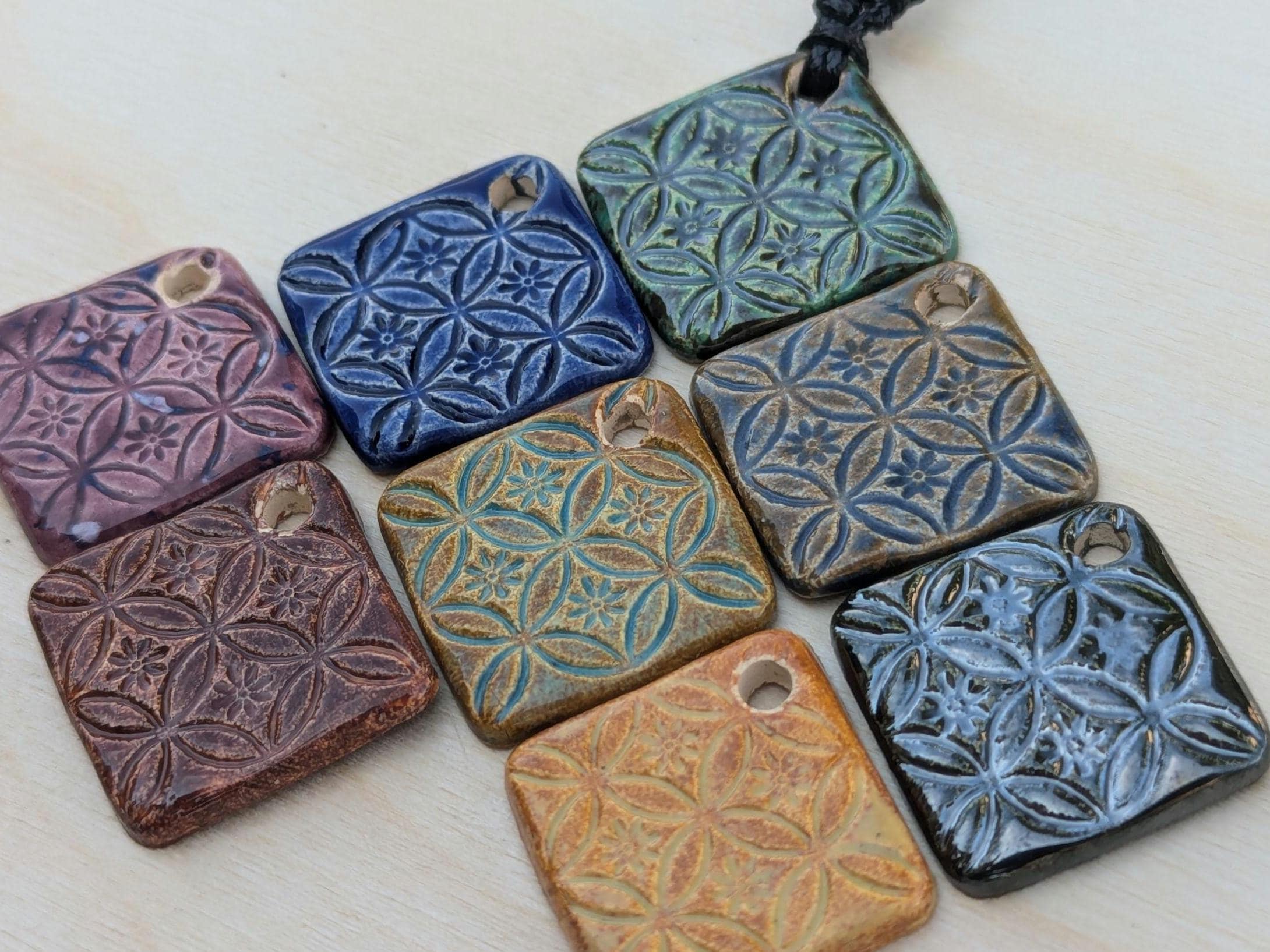 NoctemPottery Handmade Ceramic Flower of Life Square Pendant Necklace Adjustable