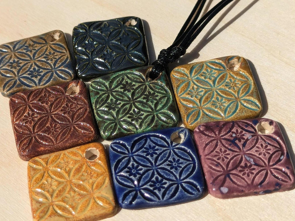 NoctemPottery Handmade Ceramic Flower of Life Square Pendant Necklace Adjustable