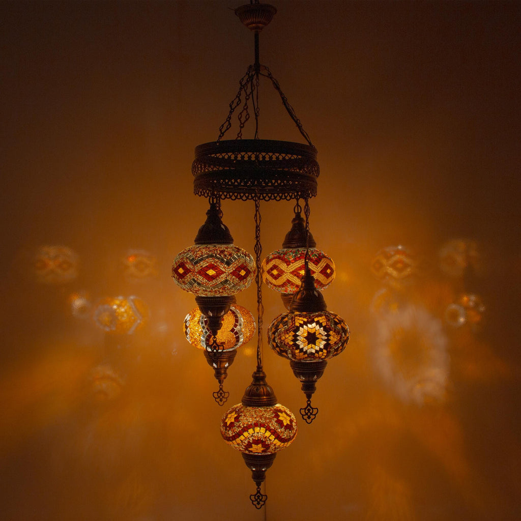 MoslandHome Handmade Turkish Mosaic 5-Globe Hanging Chandelier