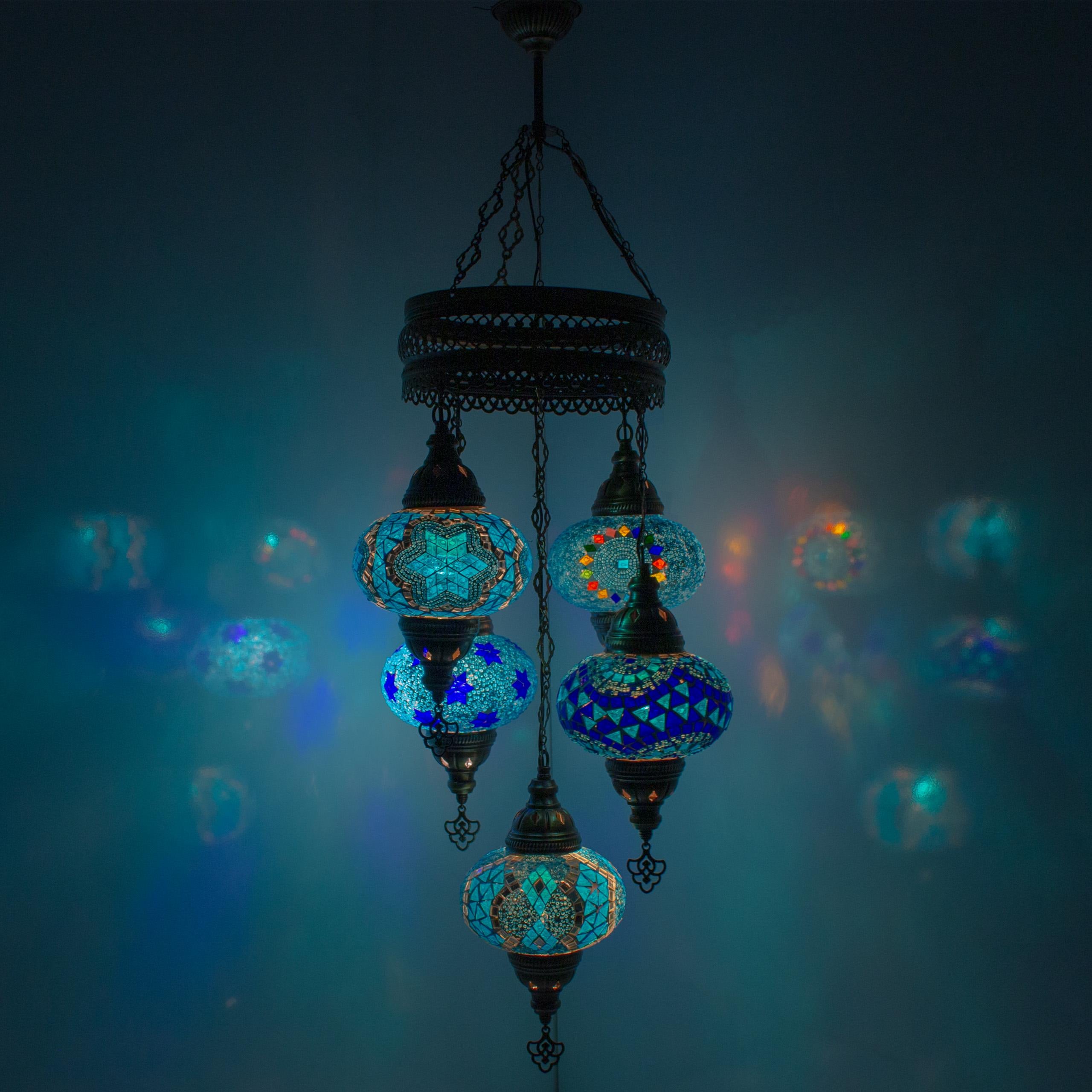 MoslandHome Handmade Turkish Mosaic 5-Globe Hanging Chandelier