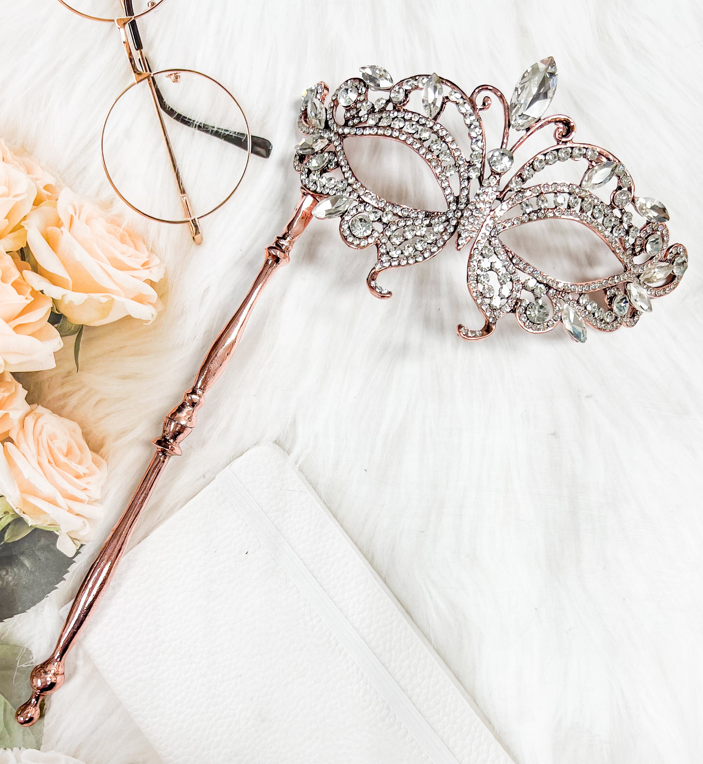 HappyJewelryWorld Crystal Butterfly Masquerade Mask with Stick Rose Gold