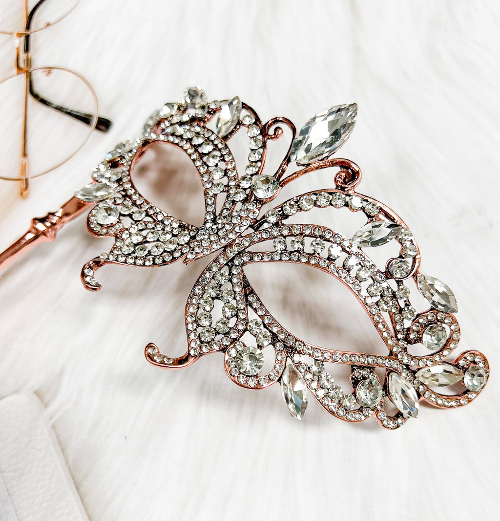 HappyJewelryWorld Crystal Butterfly Masquerade Mask with Stick Rose Gold