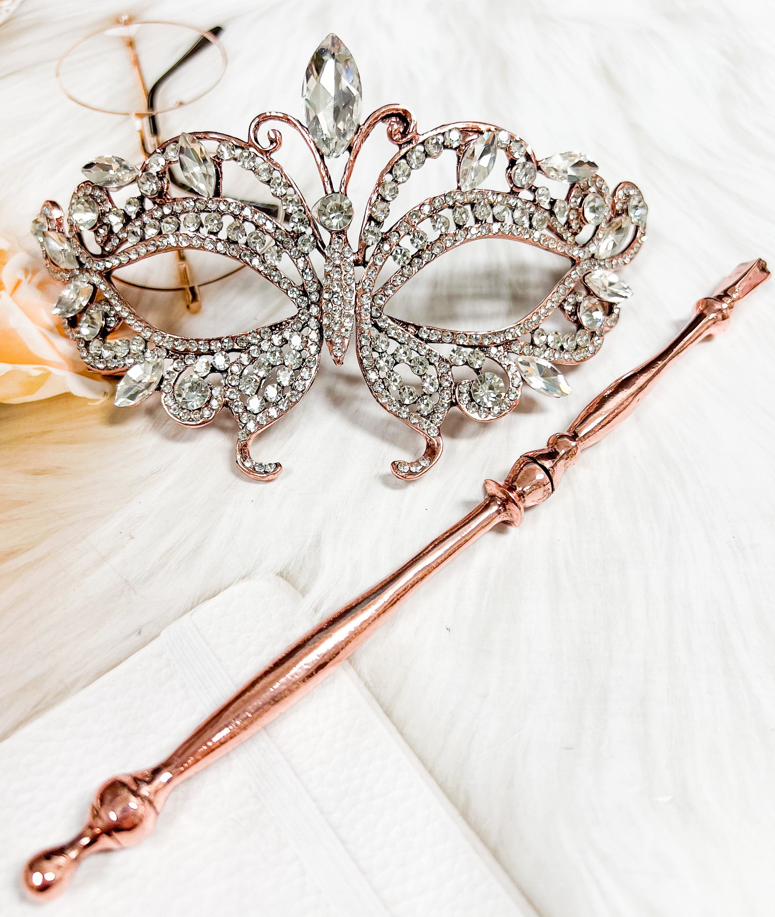 HappyJewelryWorld Crystal Butterfly Masquerade Mask with Stick Rose Gold