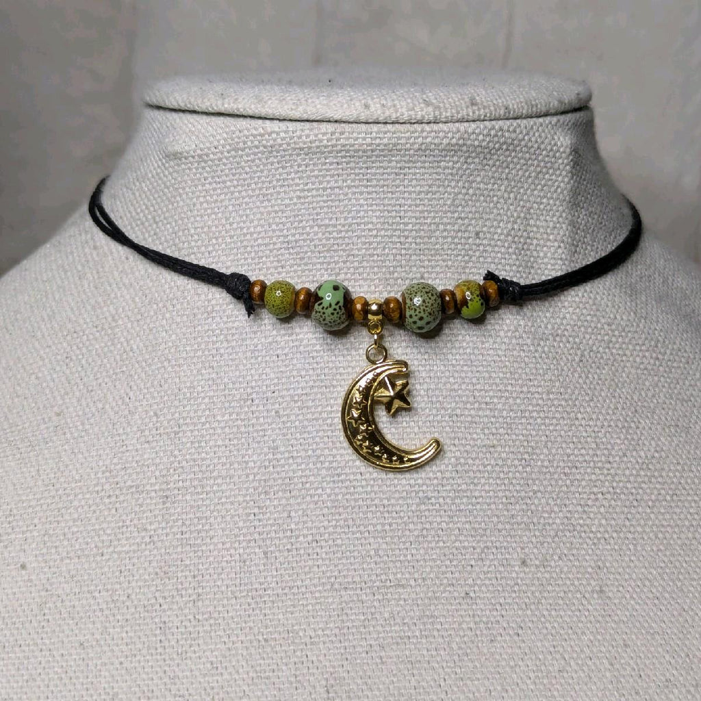 NoctemPottery Crescent Moon and Stars Ceramic Beaded Choker Necklace