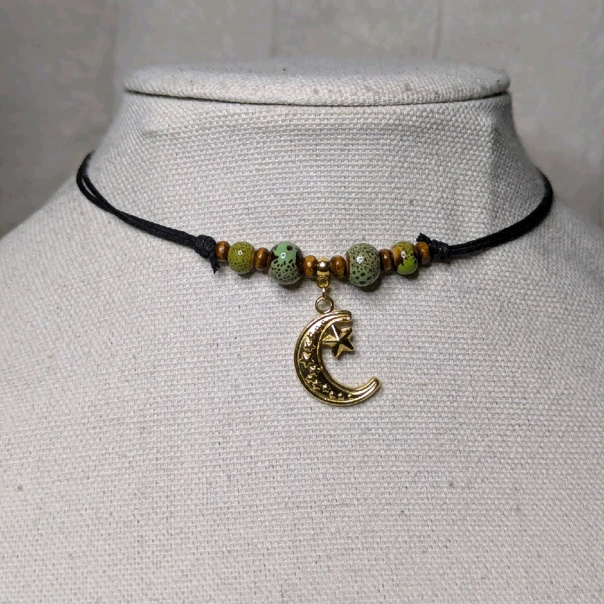 NoctemPottery Crescent Moon and Stars Ceramic Beaded Choker Necklace