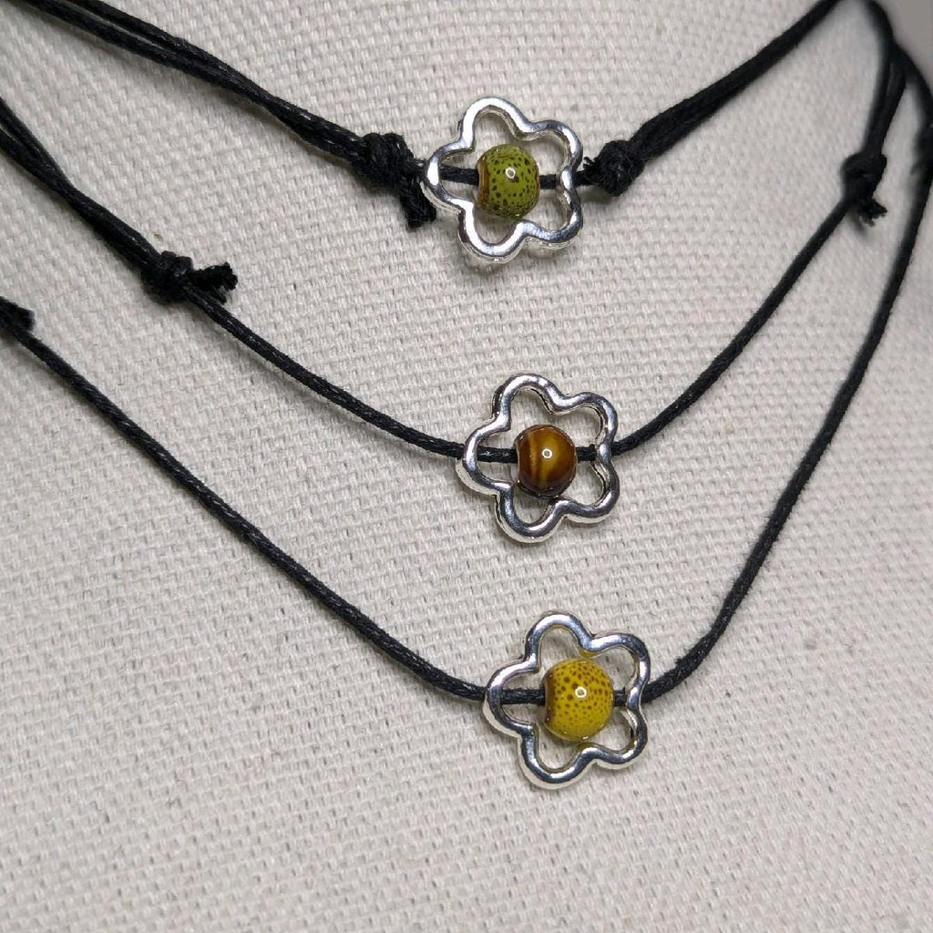 NoctemPottery Ceramic Bead Flower Charm Pendant Necklace Adjustable Black Cord