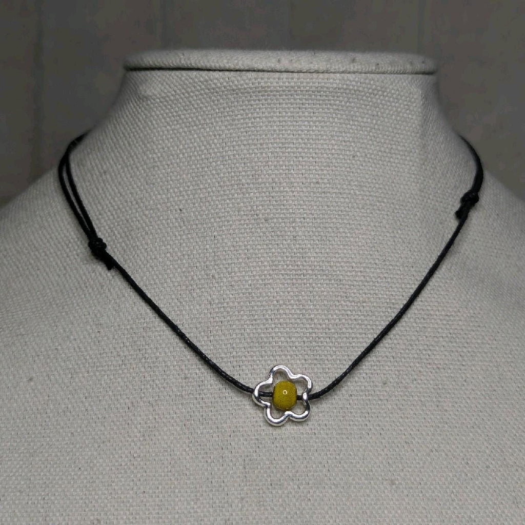 NoctemPottery Ceramic Bead Flower Charm Pendant Necklace Adjustable Black Cord