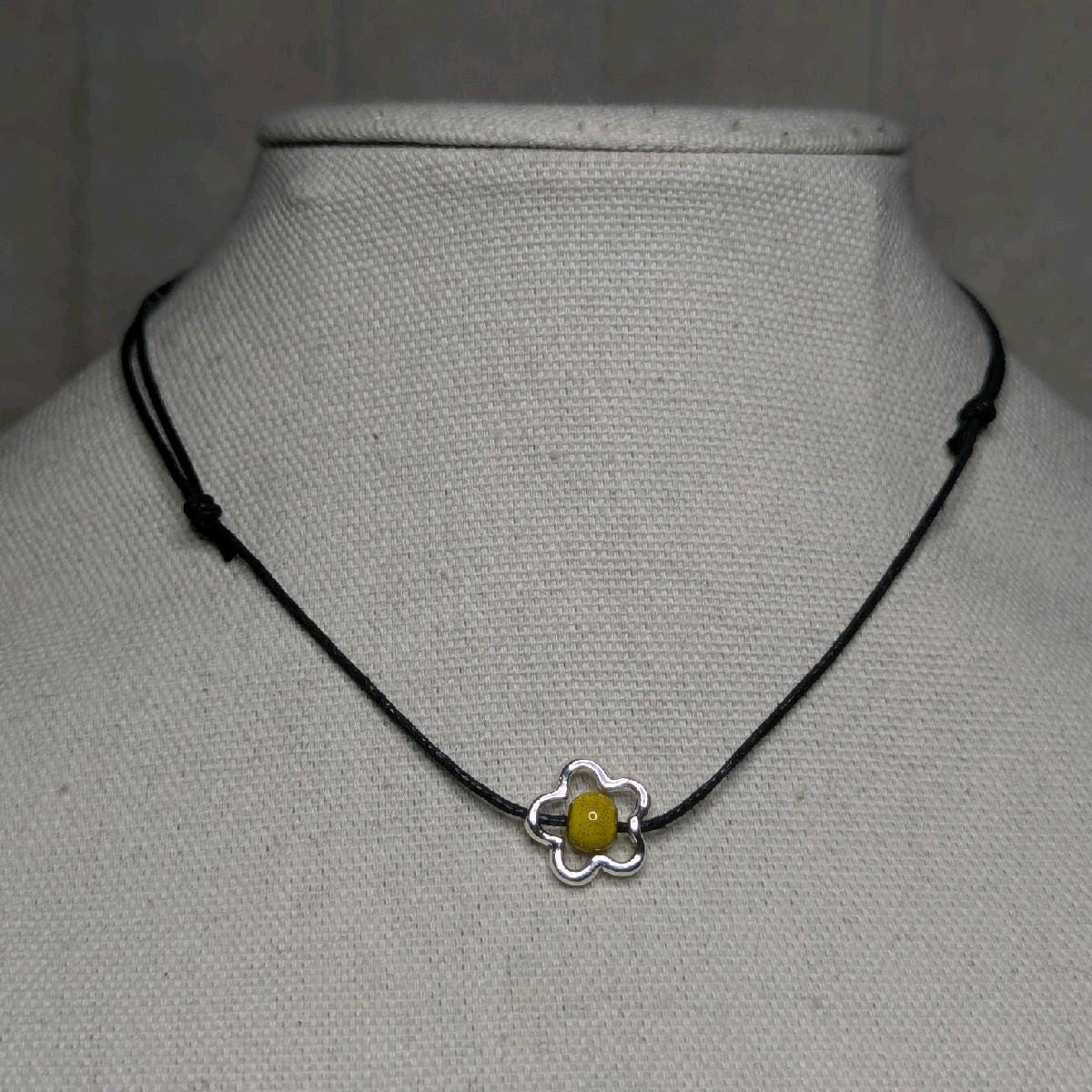 NoctemPottery Ceramic Bead Flower Charm Pendant Necklace Adjustable Black Cord