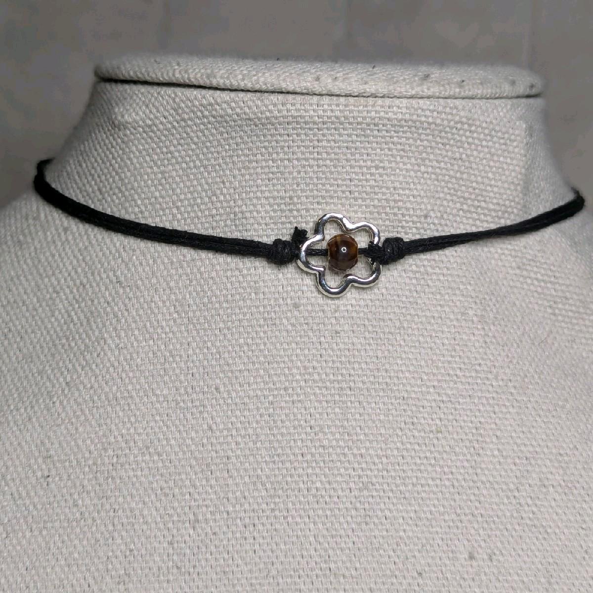 NoctemPottery Ceramic Bead Flower Charm Pendant Necklace Adjustable Black Cord